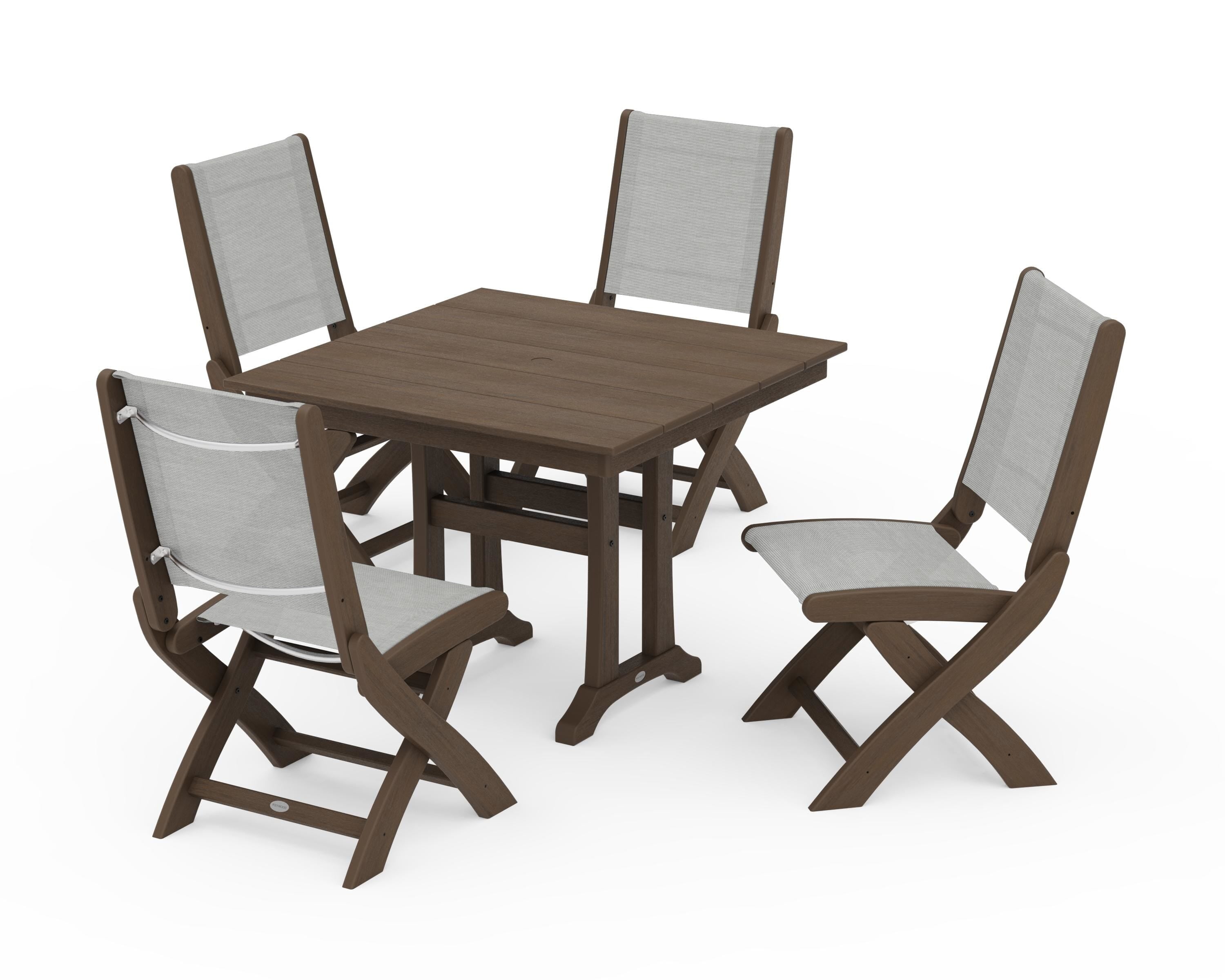POLYWOOD Coastal Folding Side Chair 5-Piece Farmhouse Dining Set With Trestle Legs in Kona / Metallic Sling