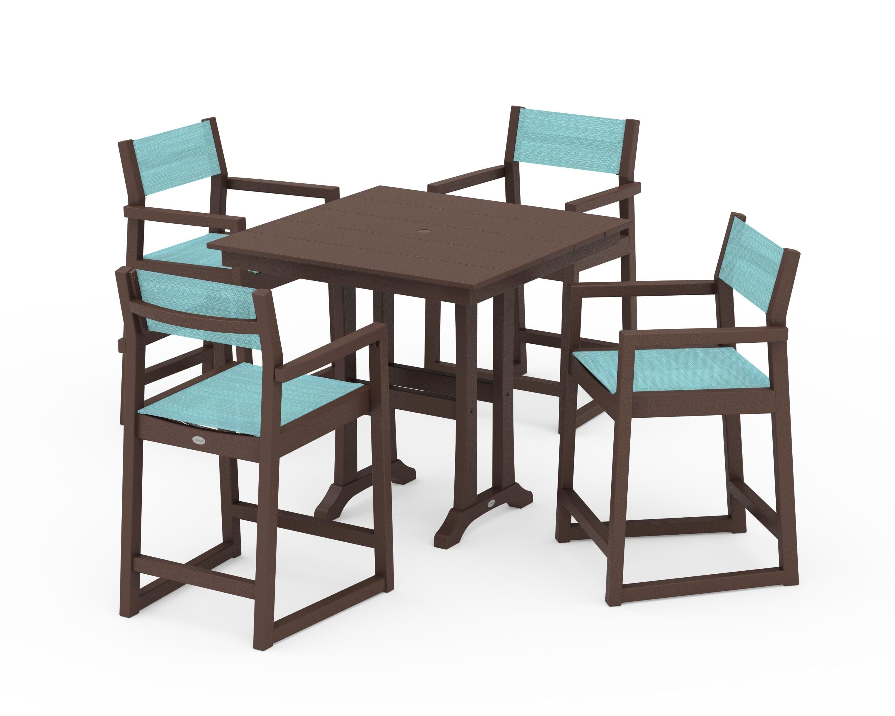 POLYWOOD EDGE Sling Arm Chair 5-Piece Farmhouse Counter Set with Trestle Legs in Mahogany / Dupioni Aquamarine Sling
