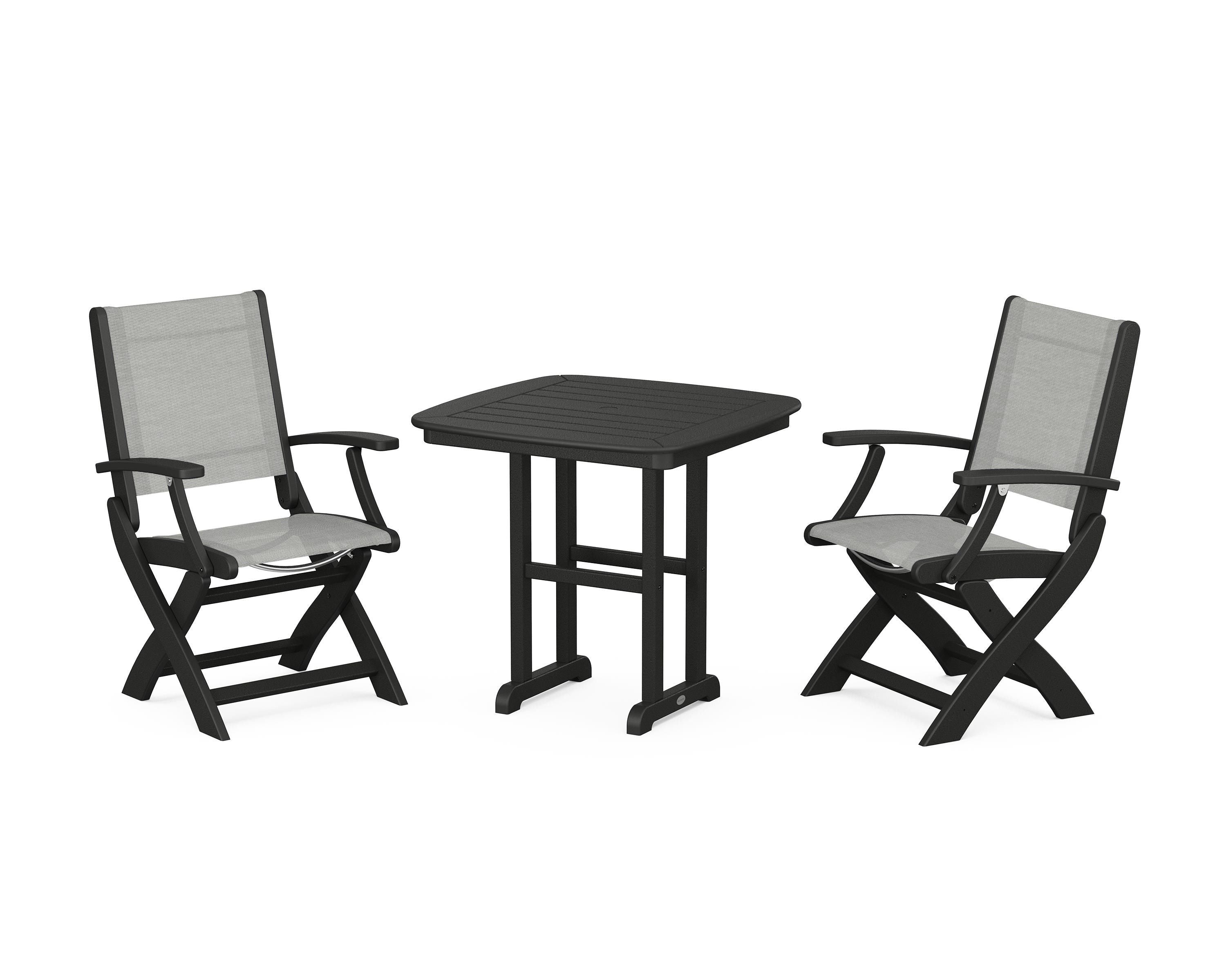 POLYWOOD Coastal Folding Chair 3-Piece Dining Set in Black / Metallic Sling