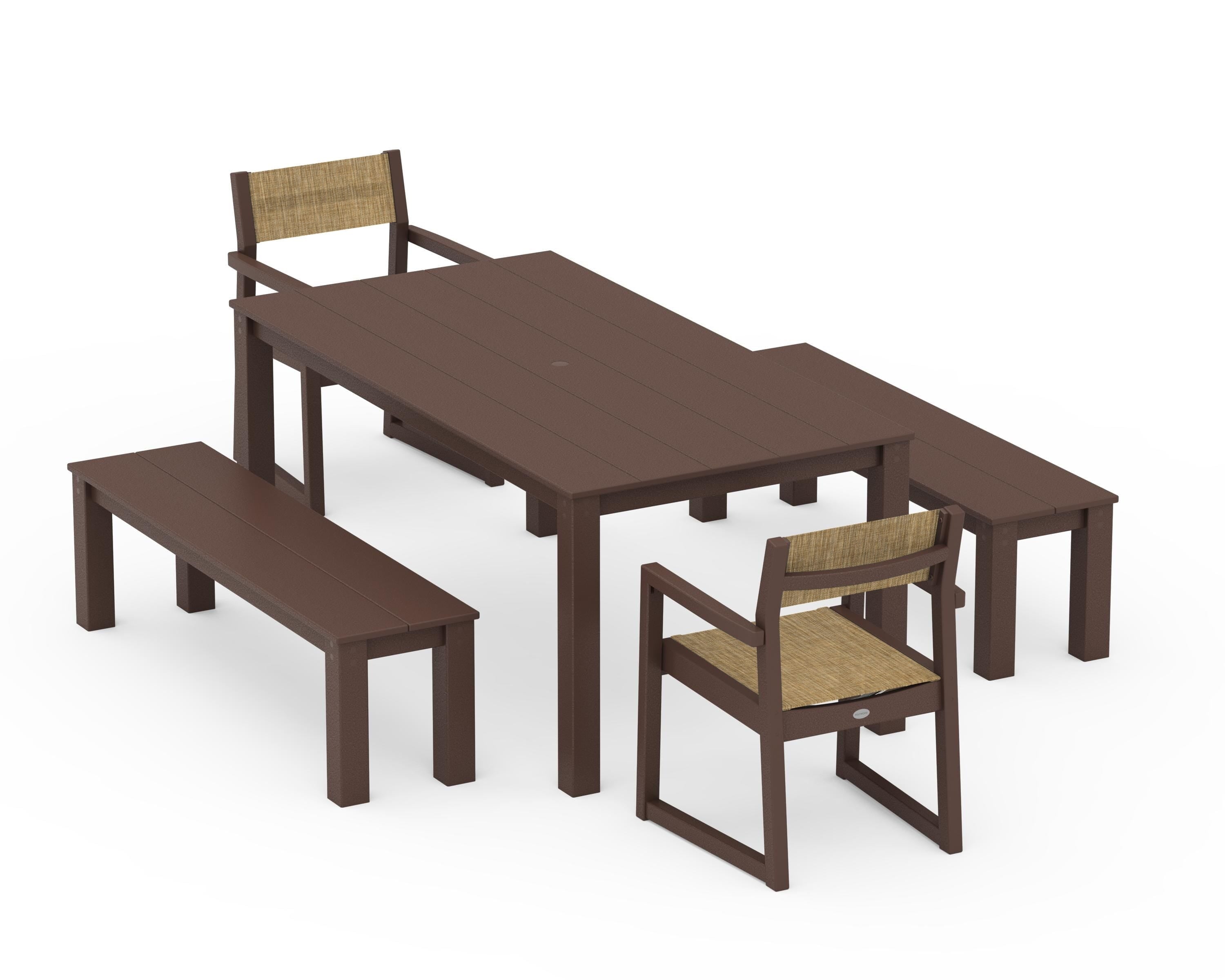 POLYWOOD EDGE Sling Arm Chair 5-Piece Parsons Dining Set with Benches in Mahogany / Burlap Sling