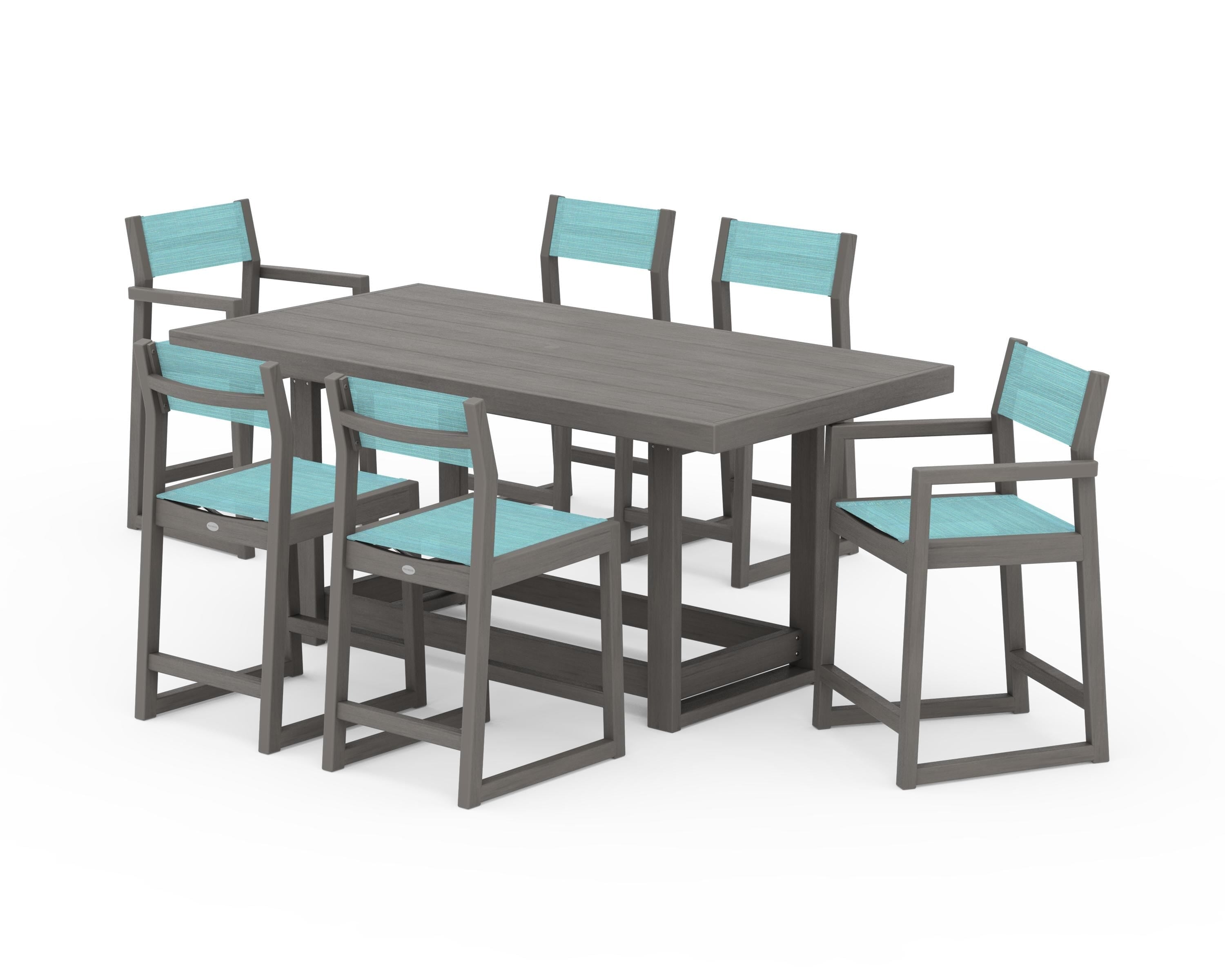 POLYWOOD EDGE Sling 7-Piece Counter Table Set in Driftwood / Dupioni Aquamarine Sling