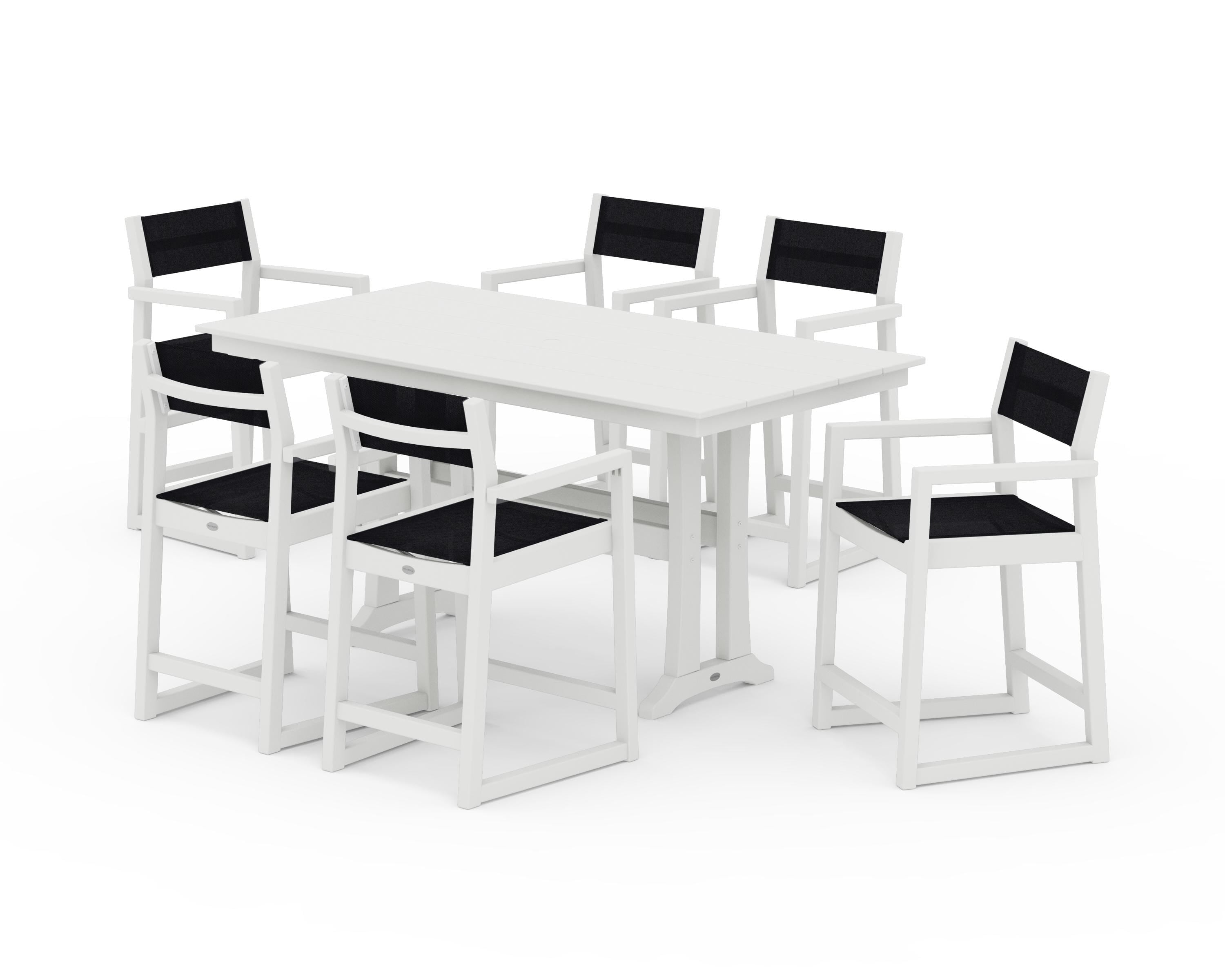 POLYWOOD EDGE Sling Arm Chair 7-Piece Farmhouse Counter Set with Trestle Legs in Vintage White / Black Sling
