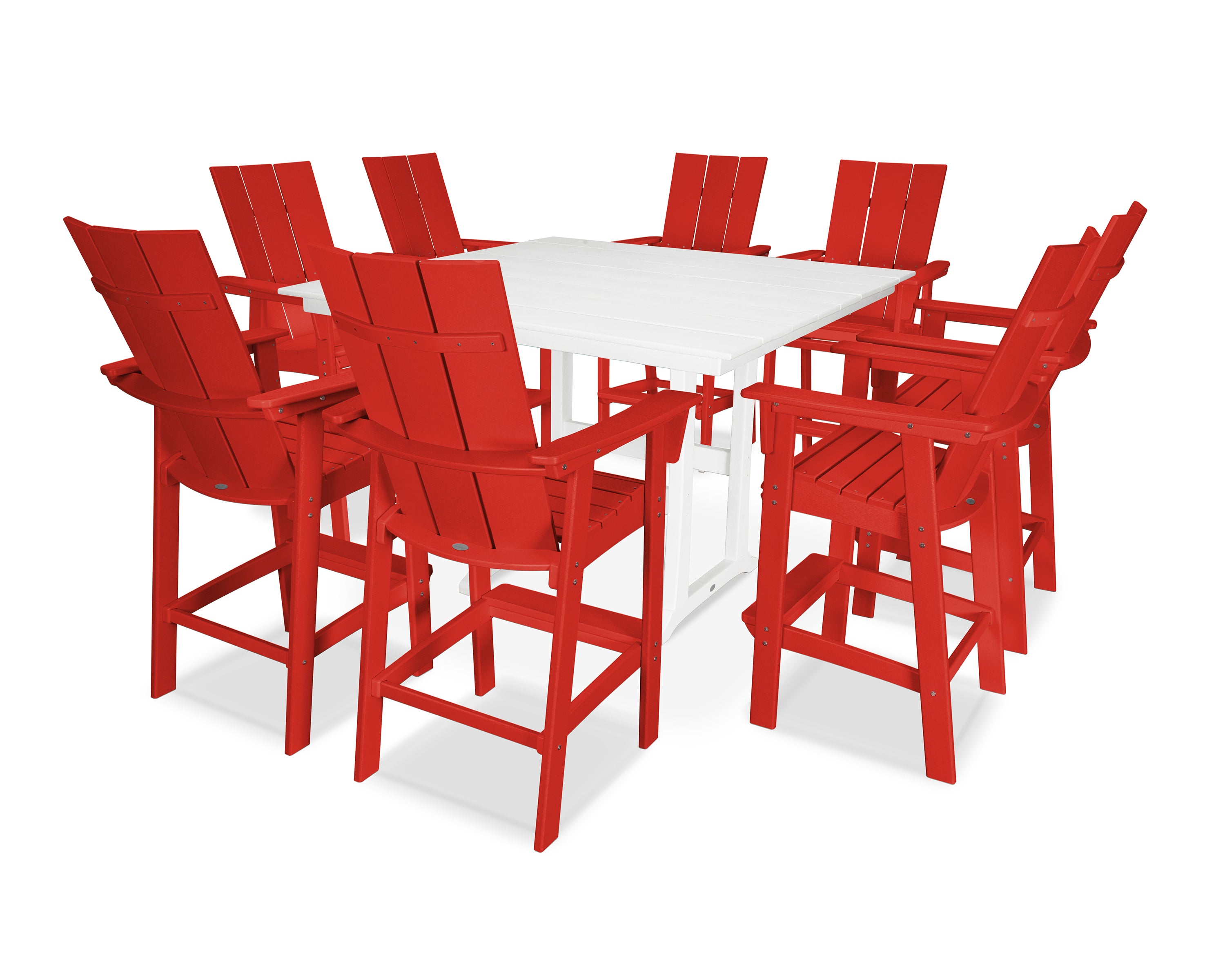 POLYWOOD® Modern Curveback Adirondack 9-Piece Farmhouse Trestle Bar Set in Sunset Red / White