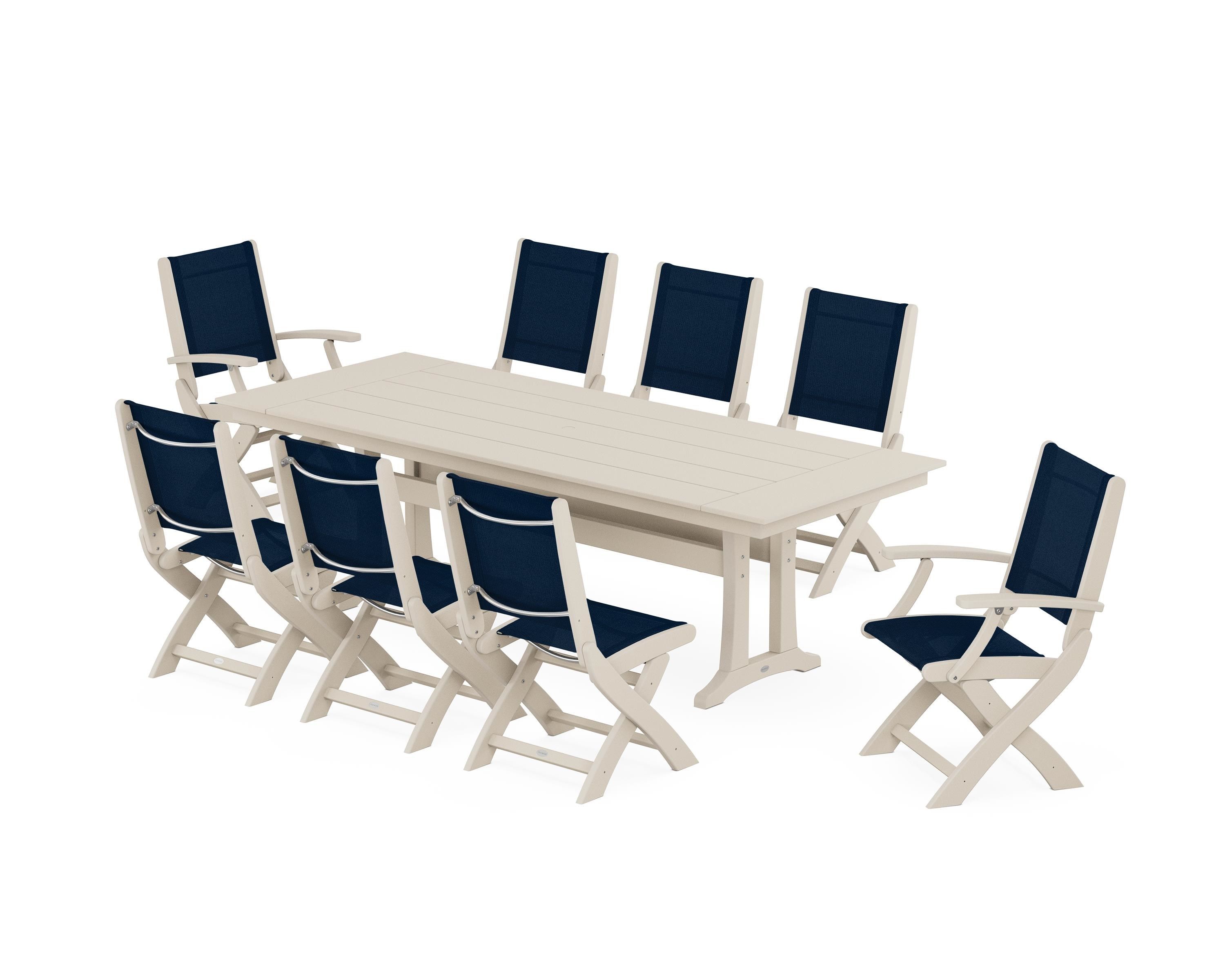 POLYWOOD Coastal 9-Piece Folding Dining Chair Farmhouse Dining Set with Trestle Legs in Sand / Navy Blue Sling