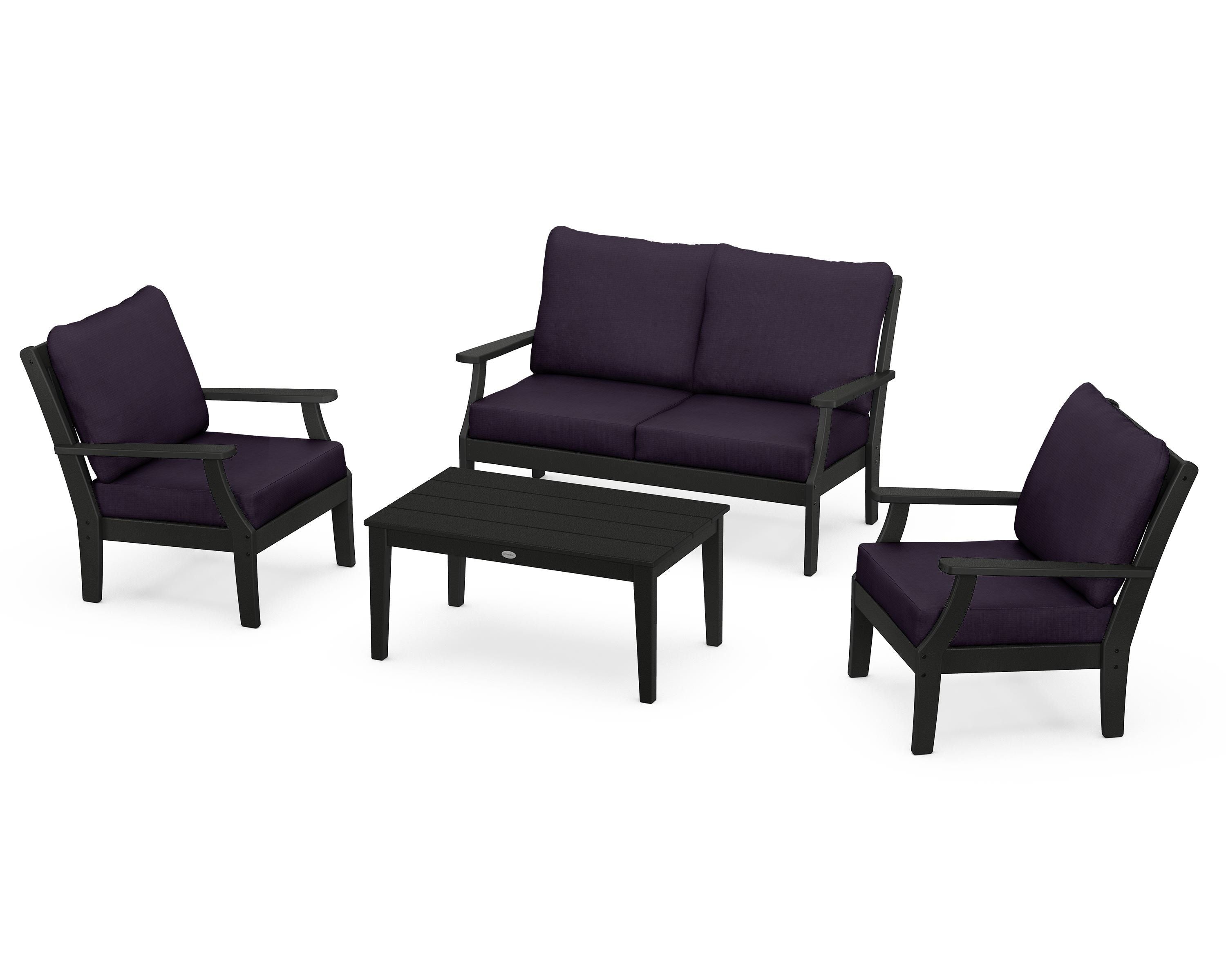 POLYWOOD Braxton 4-Piece Deep Seating Chair Set in Black / Navy Linen