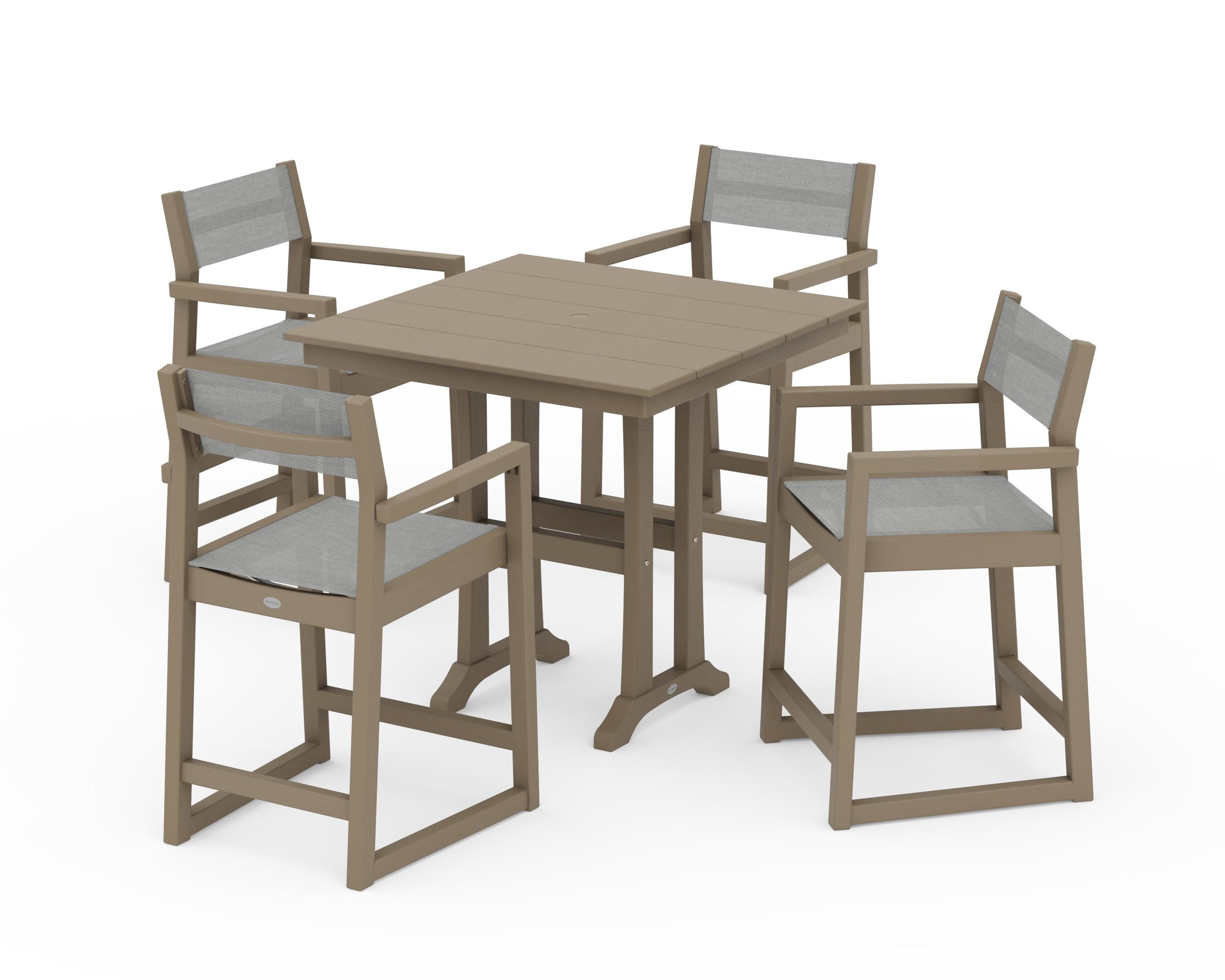 POLYWOOD EDGE Sling Arm Chair 5-Piece Farmhouse Counter Set with Trestle Legs in Vintage Sahara / Metallic Sling