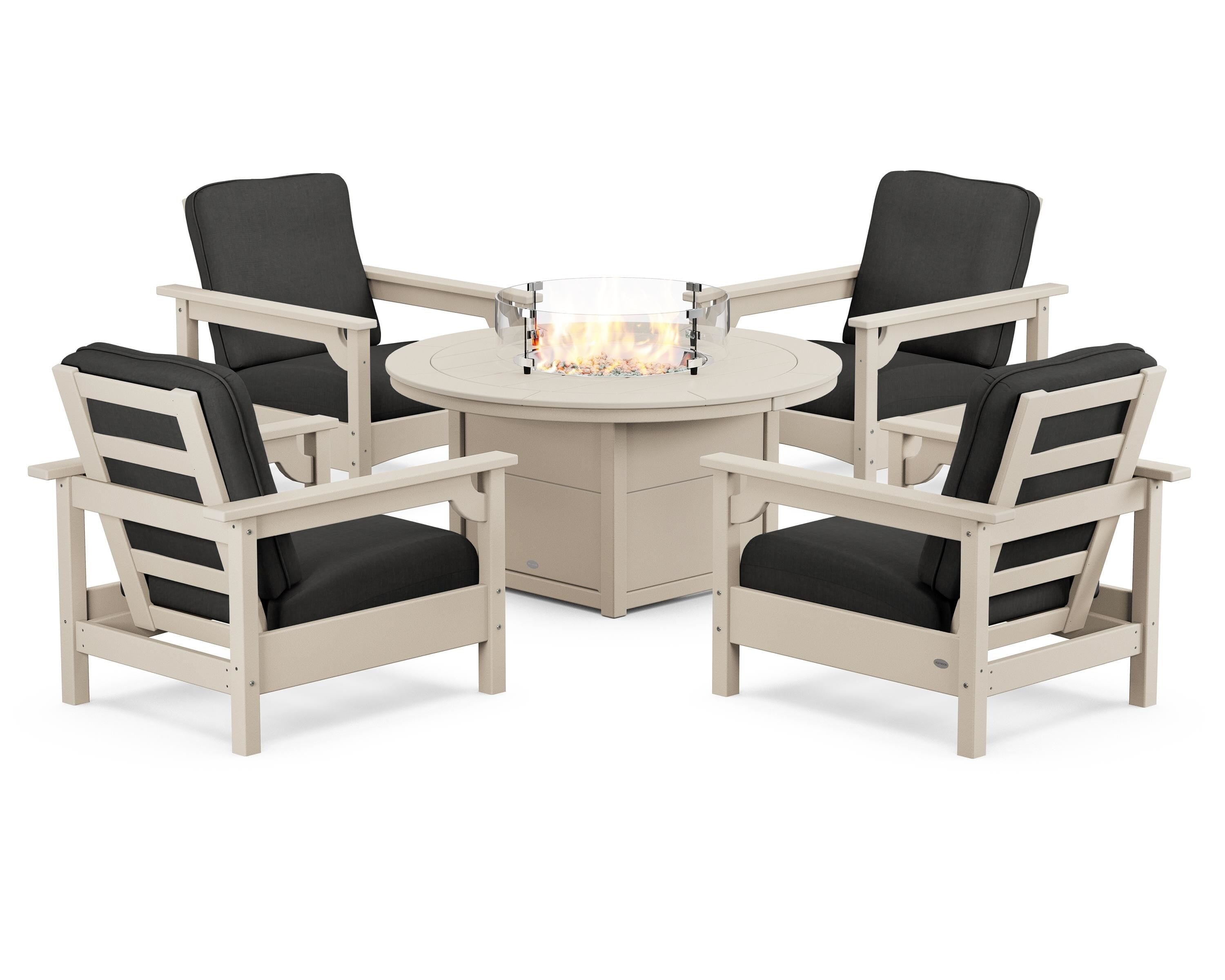 POLYWOOD Club 5-Piece Conversation Set with Fire Pit Table in Sand / Spectrum Carbon