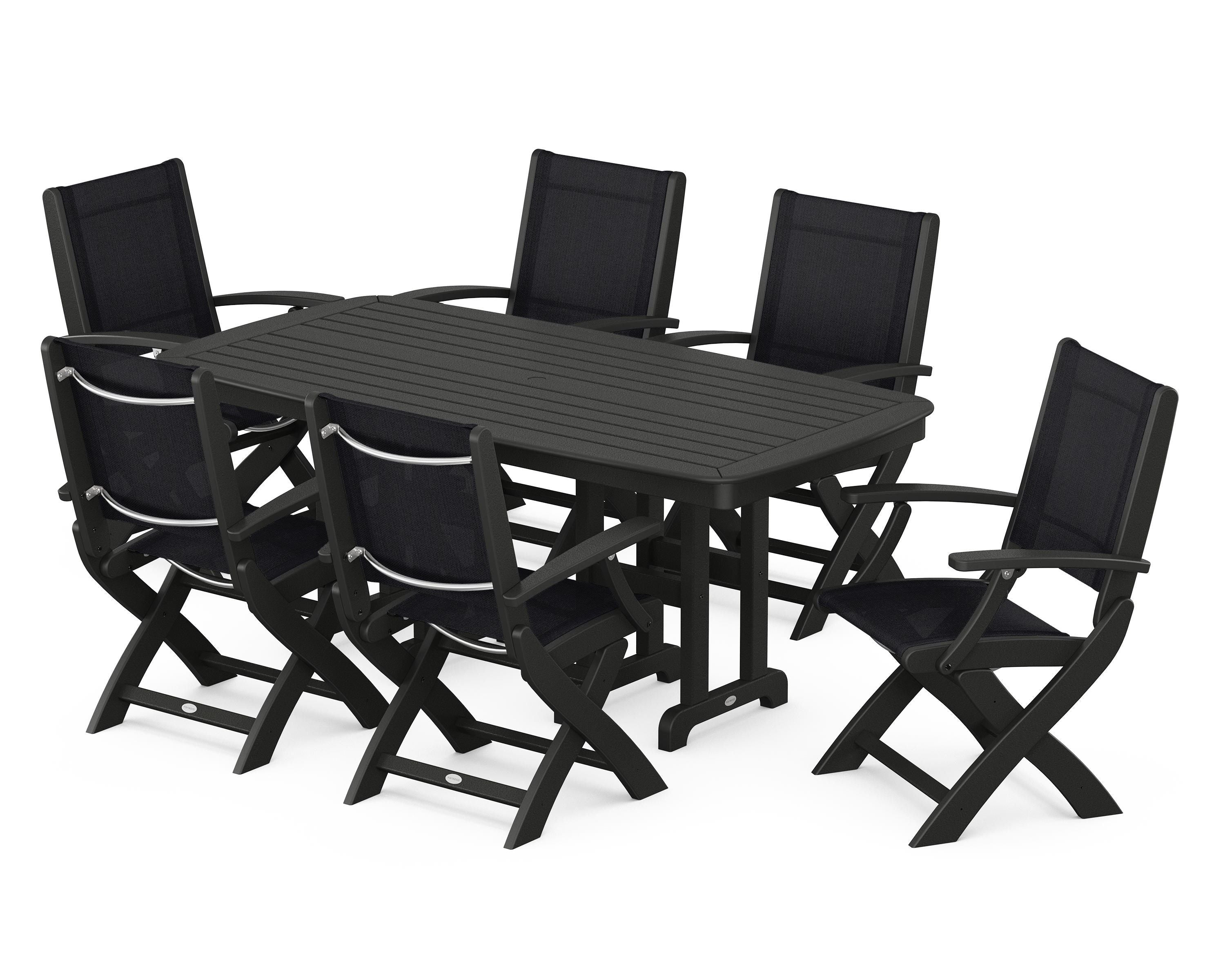 POLYWOOD Coastal Folding Arm Chair 7-Piece Dining Set in Black / Black Sling