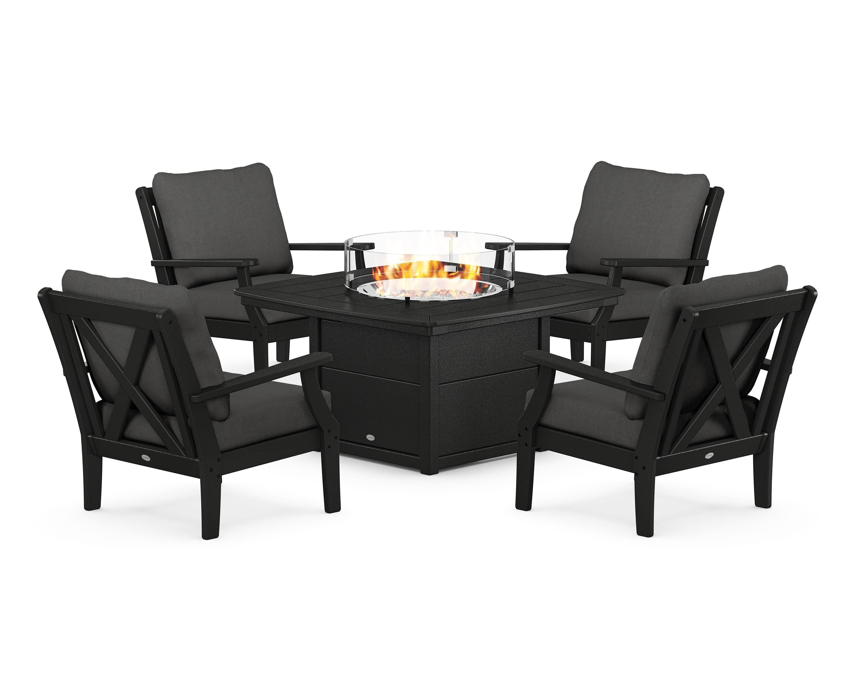 POLYWOOD Braxton 5-Piece Deep Seating Conversation Set with Fire Pit Table in Black / Spectrum Carbon