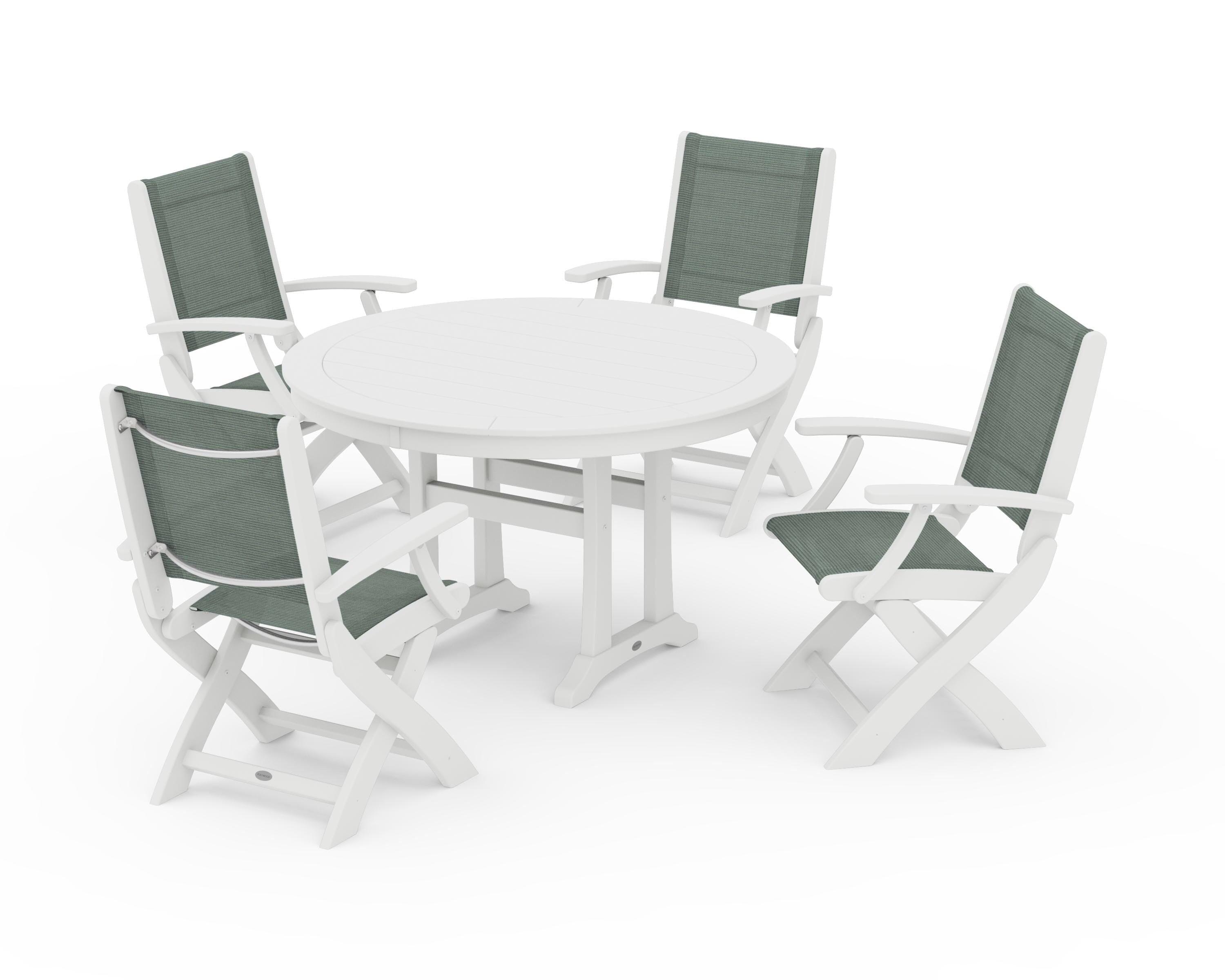 POLYWOOD Coastal Folding Chair 5-Piece Round Dining Set with Trestle Legs in White / Dupioni Sea Mist Sling