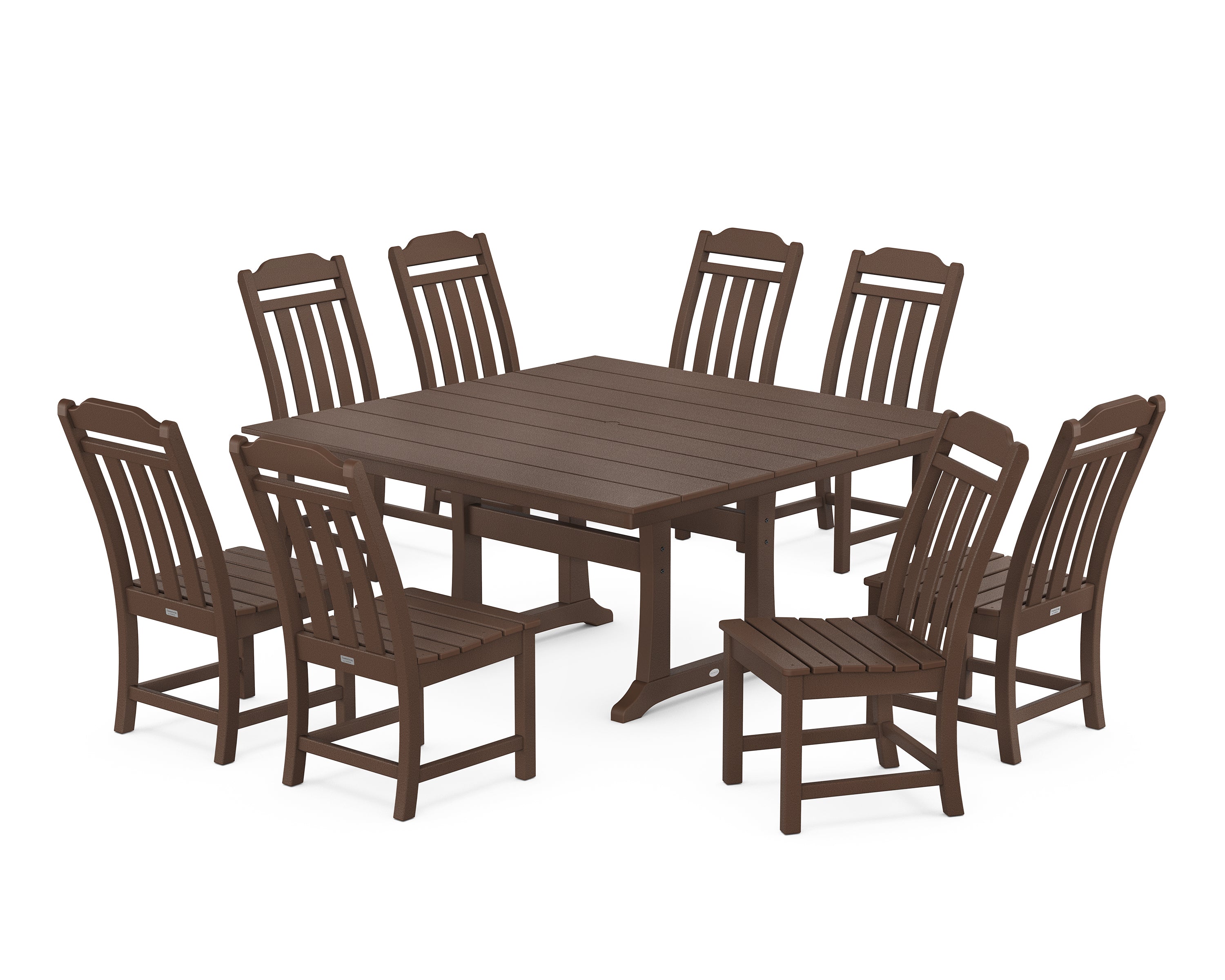 Polywood Country Living 9-Piece Square Farmhouse Side Chair Dining Set with Trestle Legs in Mahogany