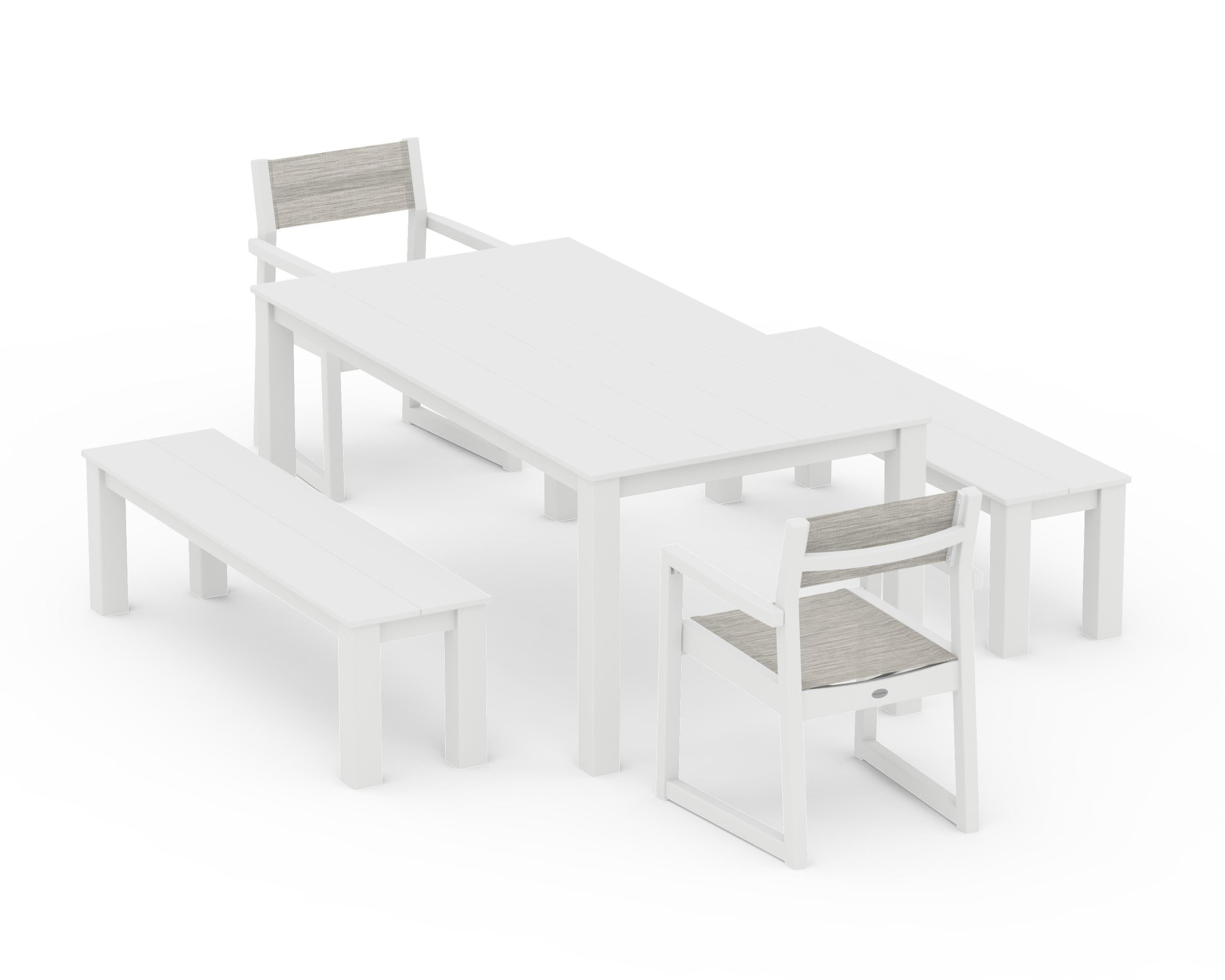 POLYWOOD EDGE Sling Arm Chair 5-Piece Parsons Dining Set with Benches in White / Birch Sling