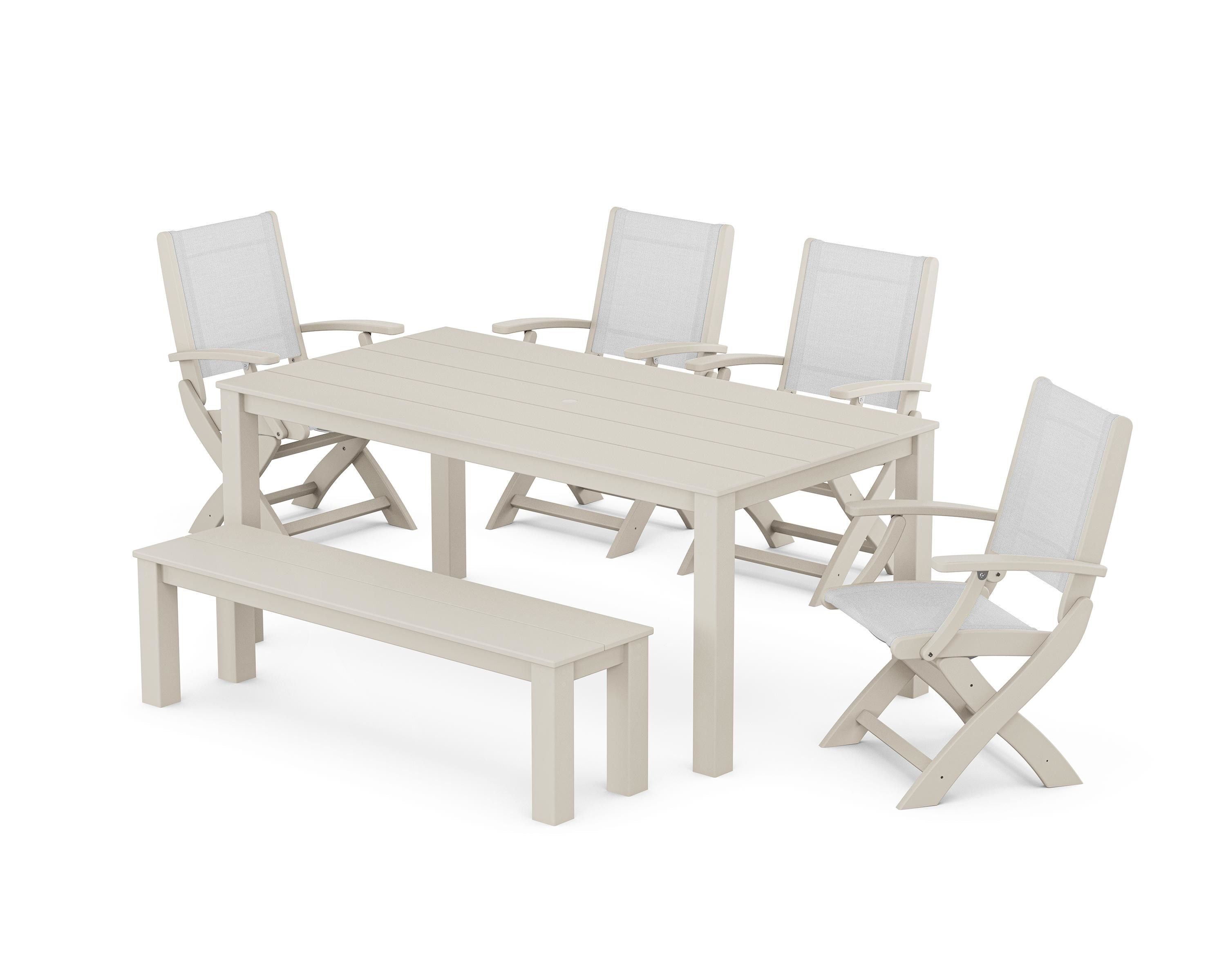 POLYWOOD Coastal Folding Chair 6-Piece Parsons Dining Set with Bench in Sand / White Sling