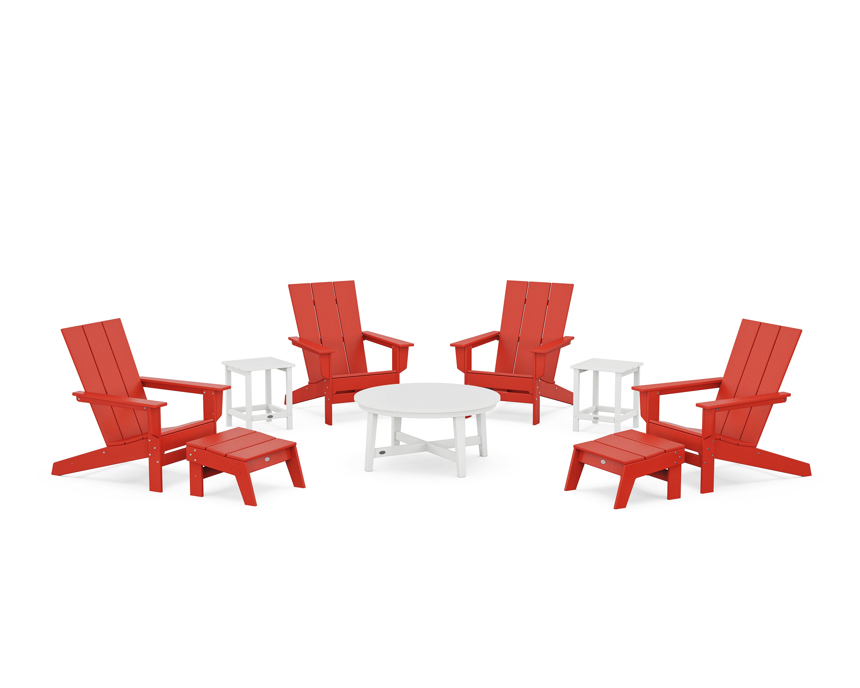 POLYWOOD® Modern Studio Adirondack 9-Piece Conversation Set in Sunset Red / White