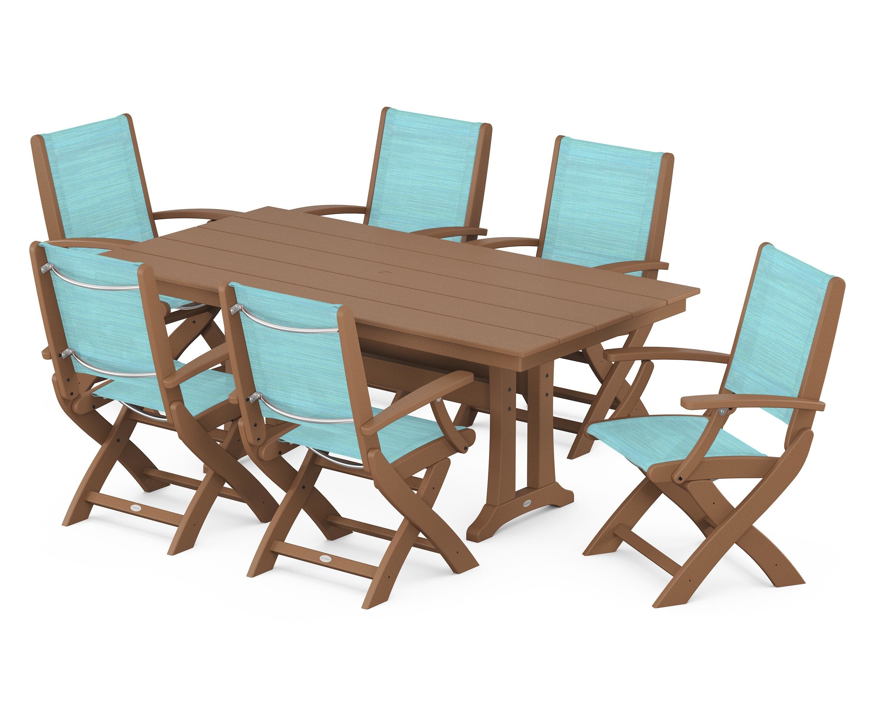 POLYWOOD Coastal Folding Arm Chair 7-Piece Farmhouse Dining Set with Trestle Legs in Teak / Dupioni Aquamarine Sling