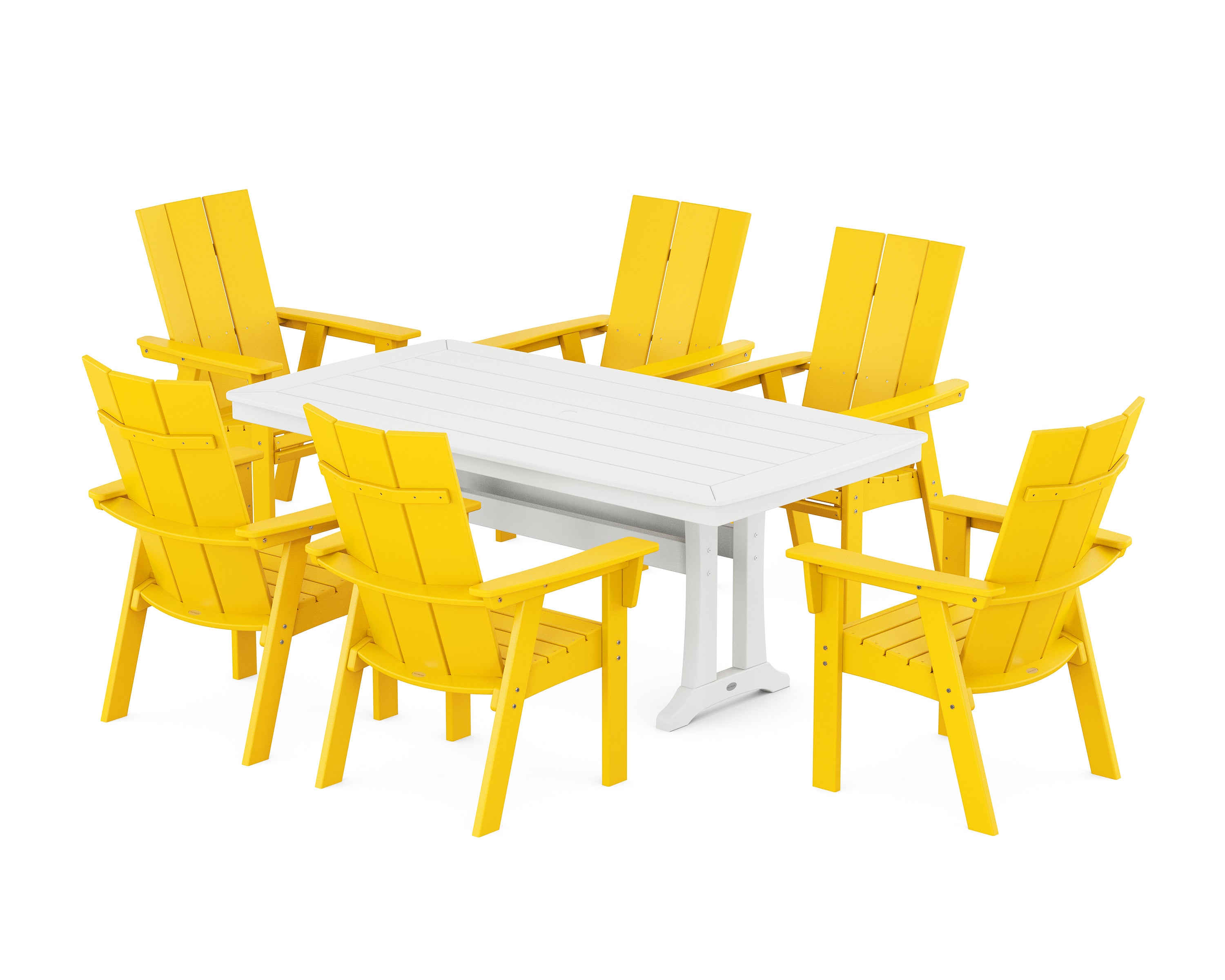 POLYWOOD Modern Curveback Adirondack 7-Piece Dining Set with Trestle Legs in Lemon / White