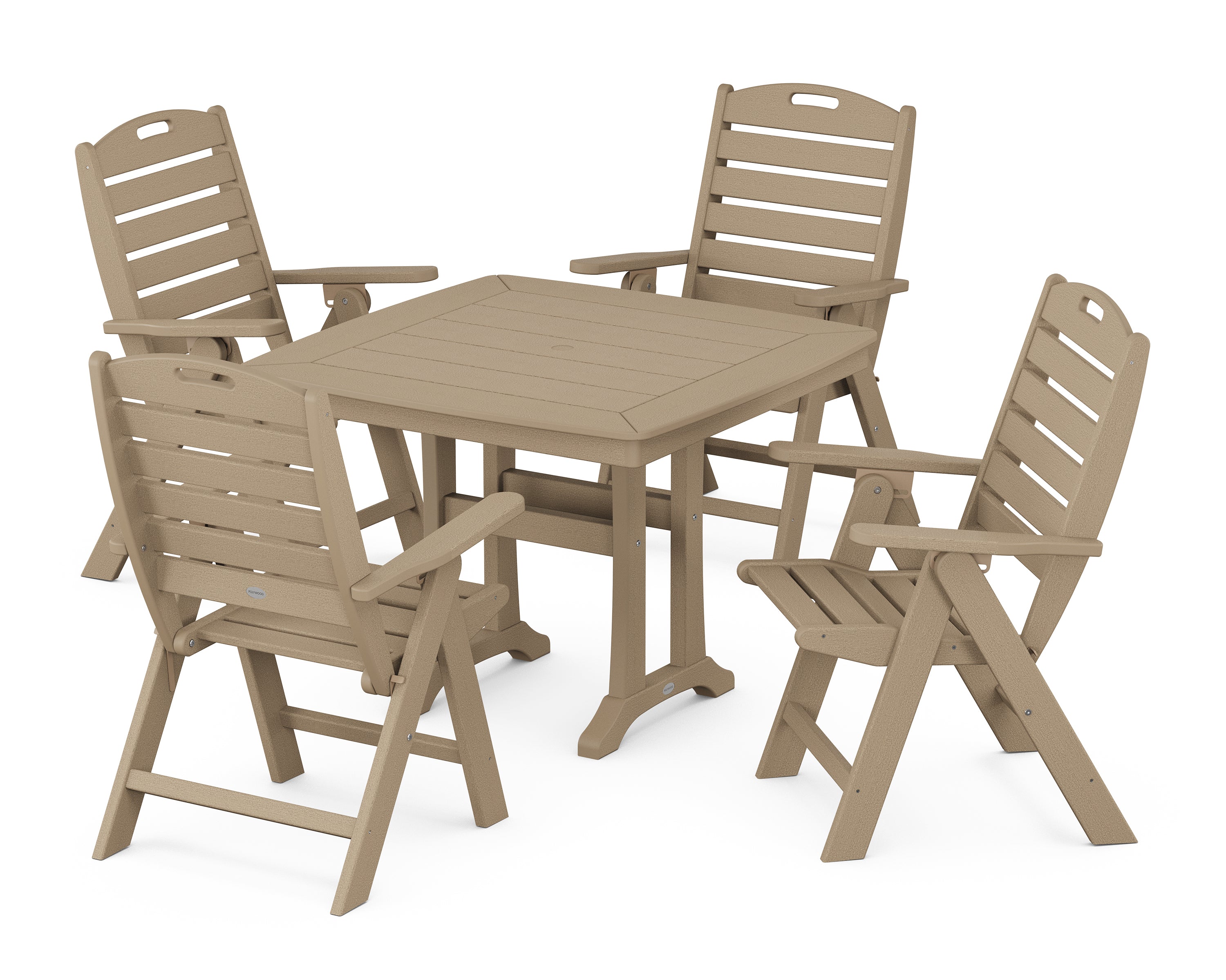 POLYWOOD Nautical Folding Highback Chair 5-Piece Dining Set with Trestle Legs in Vintage Sahara