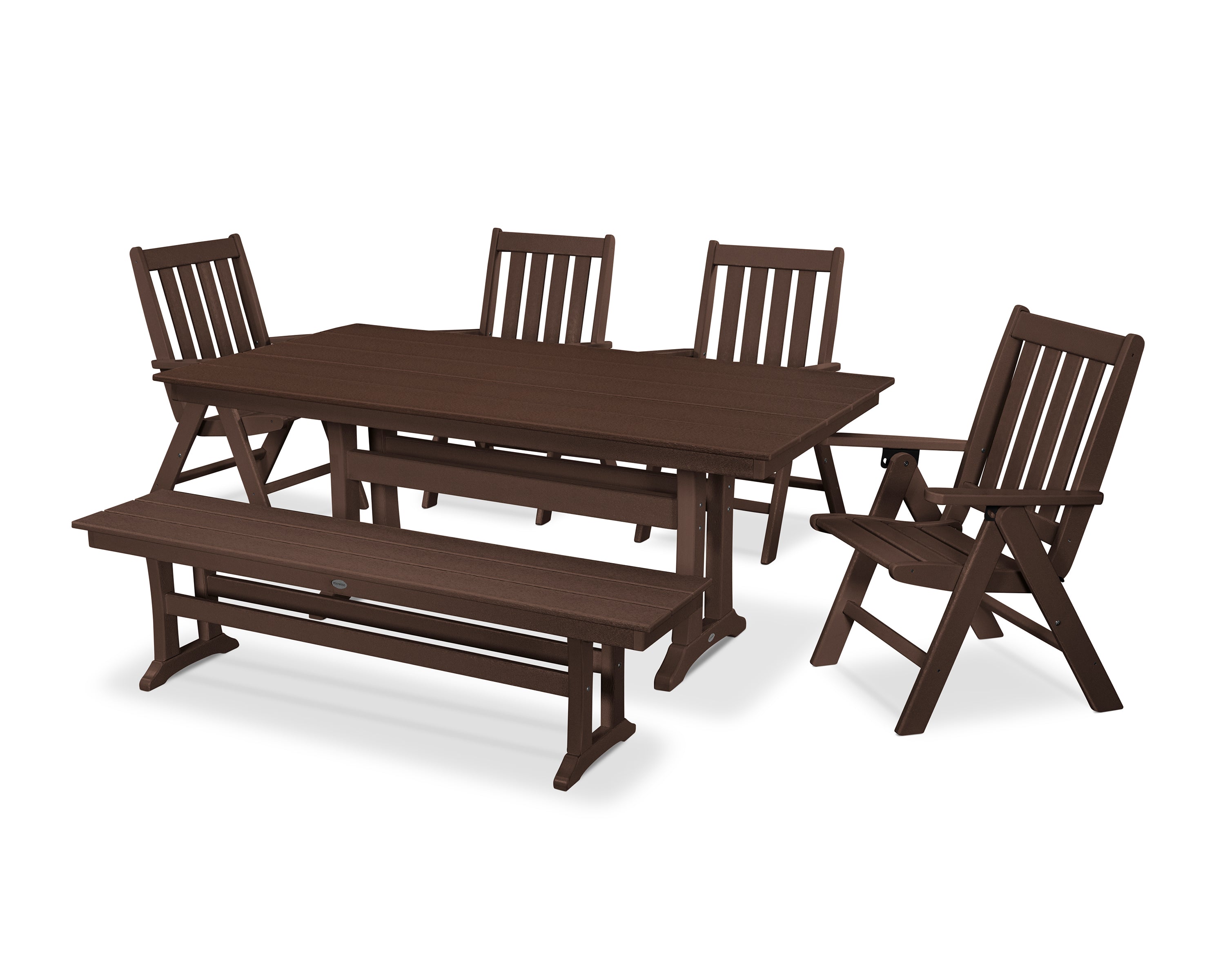 POLYWOOD® Vineyard 6-Piece Folding Chair Farmhouse Dining Set with Trestle Legs and Bench in Mahogany