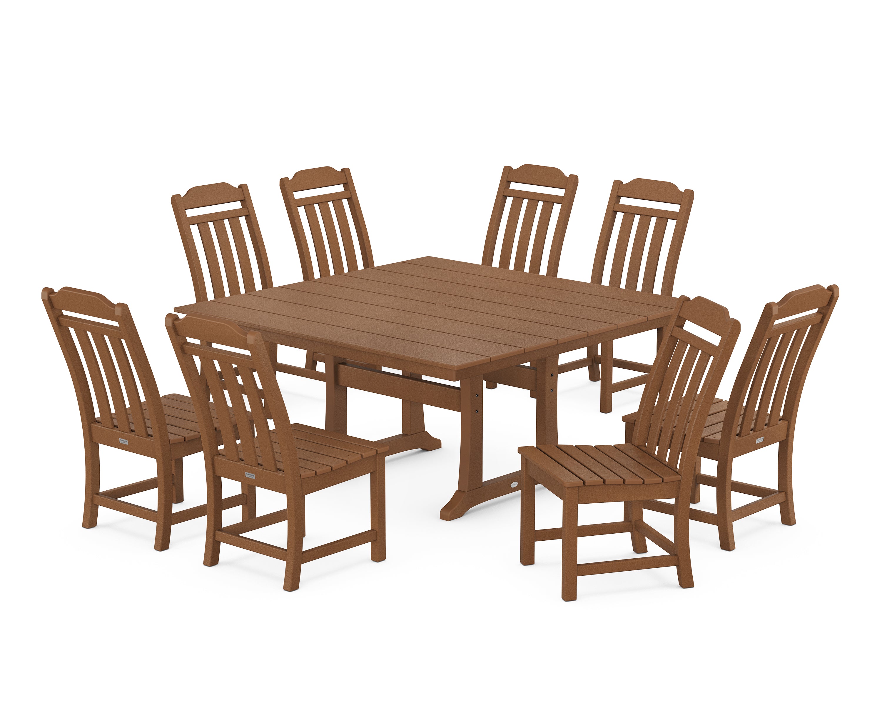 Polywood Country Living 9-Piece Square Farmhouse Side Chair Dining Set with Trestle Legs in Teak