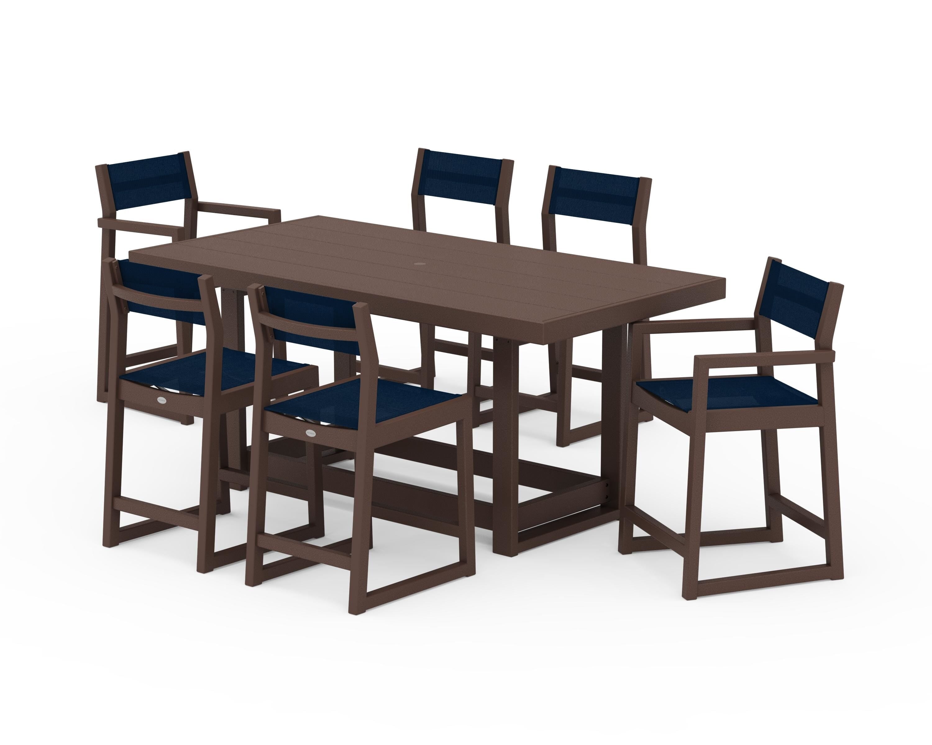 POLYWOOD EDGE Sling 7-Piece Counter Table Set in Mahogany / Navy Blue Sling
