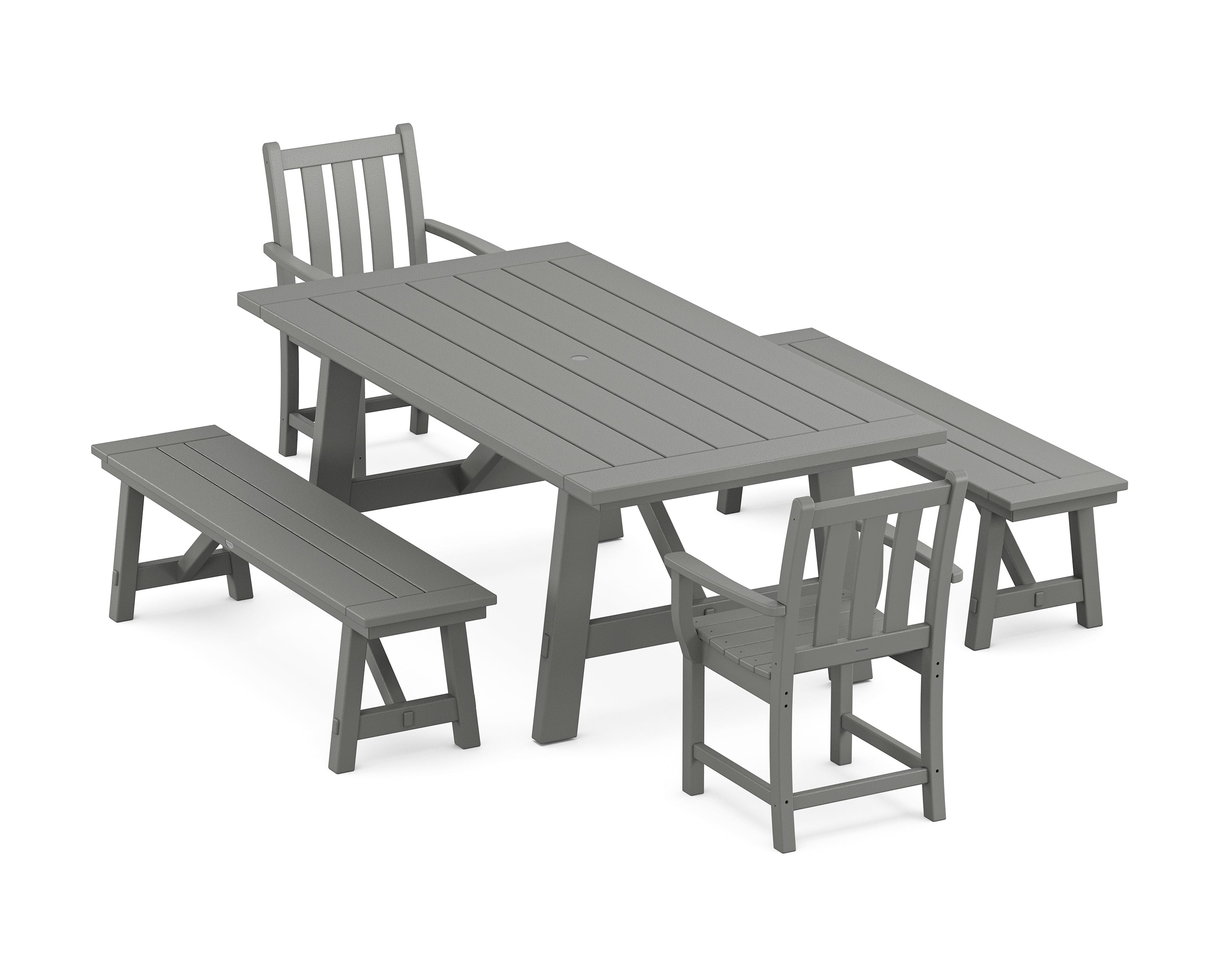 POLYWOOD Traditional Garden 5-Piece Rustic Farmhouse Dining Set With Benches in Slate Grey