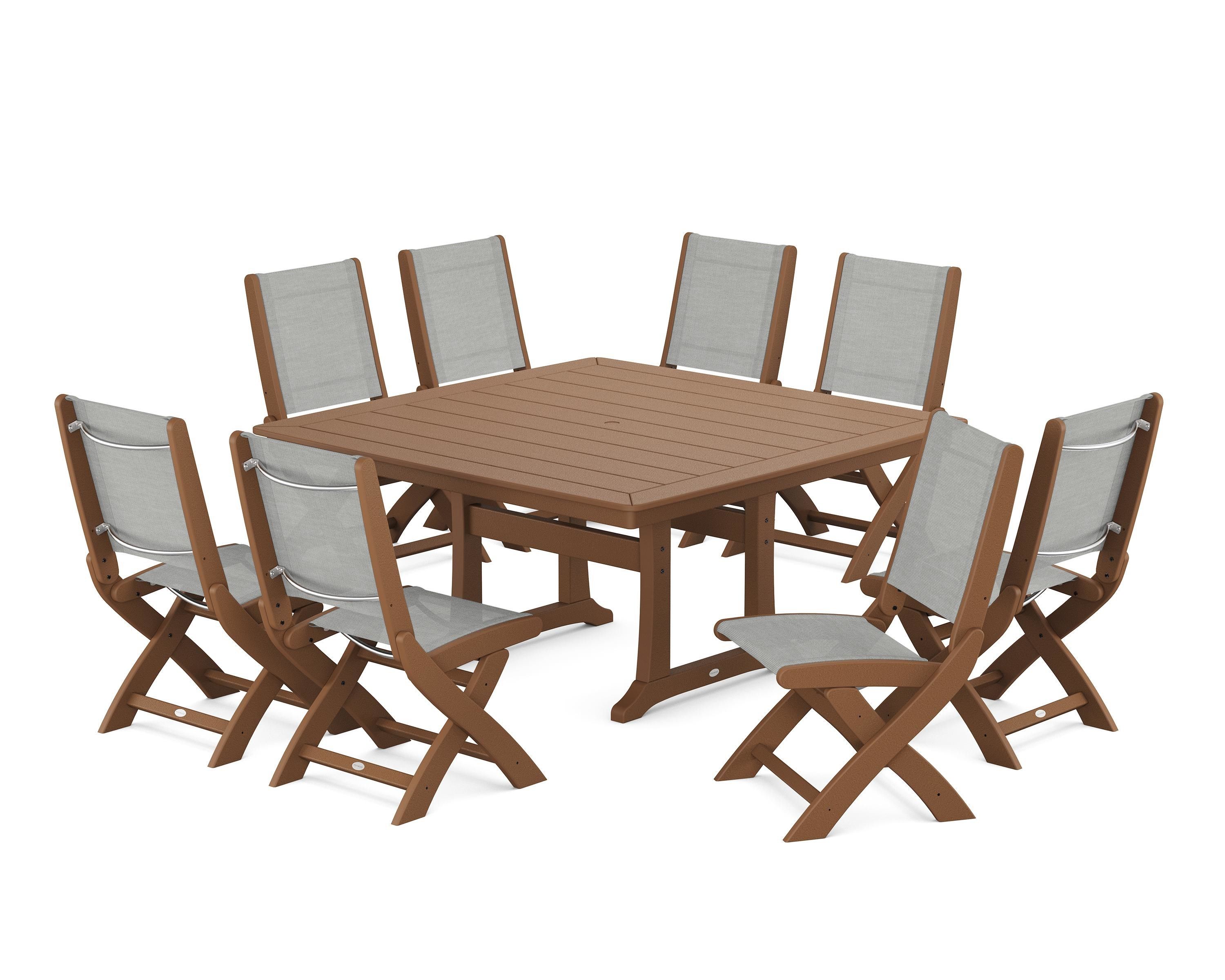 POLYWOOD Coastal Folding Side Chair 9-Piece Dining Set with Trestle Legs in Teak / Metallic Sling