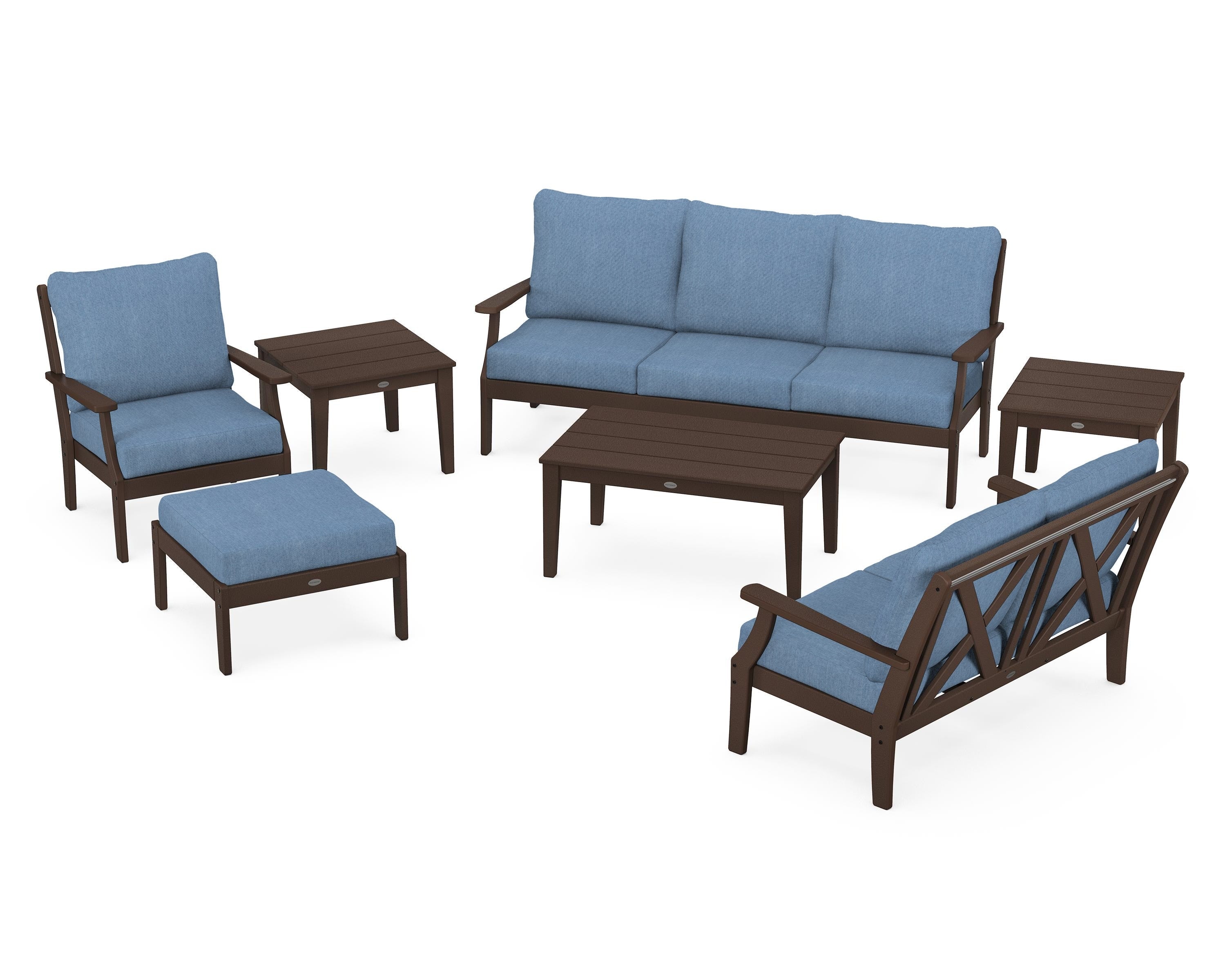 POLYWOOD Braxton 7-Piece Deep Seating Set in Mahogany / Sky Blue