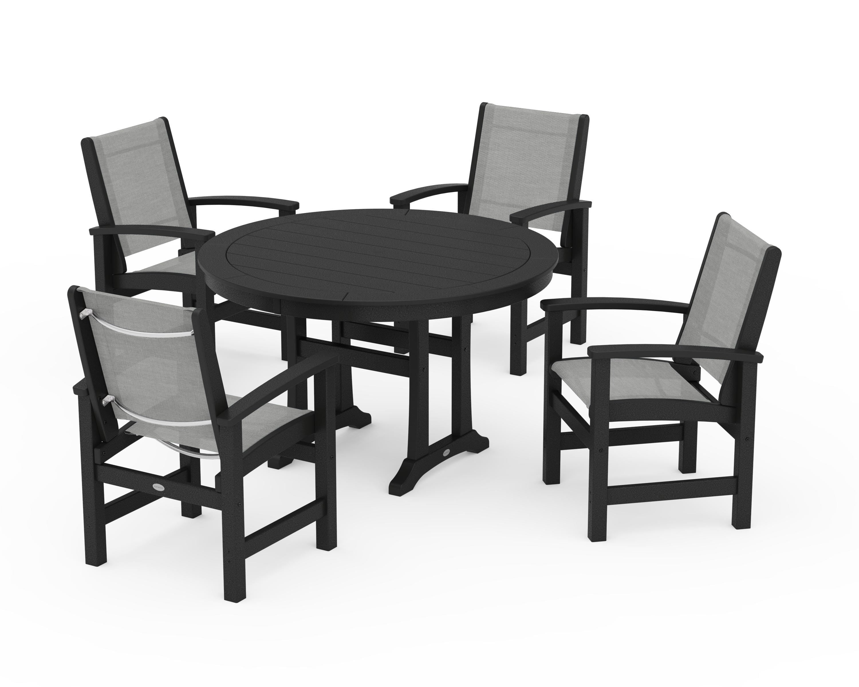 POLYWOOD Coastal 5-Piece Round Dining Set with Trestle Legs in Black / Metallic Sling
