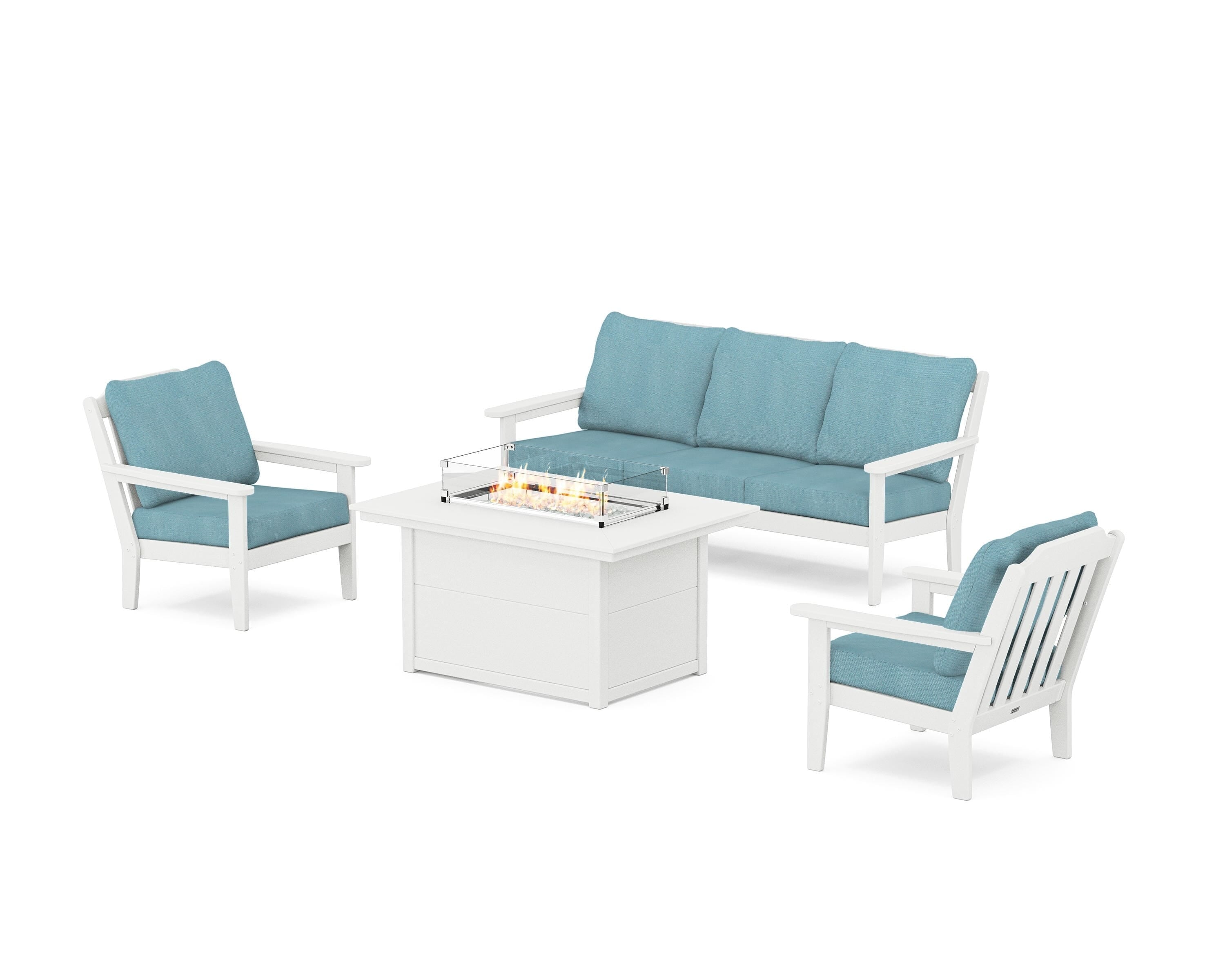 Country Living Cottage Deep Seating Fire Pit Table Set in White / Lattice Sky Blue