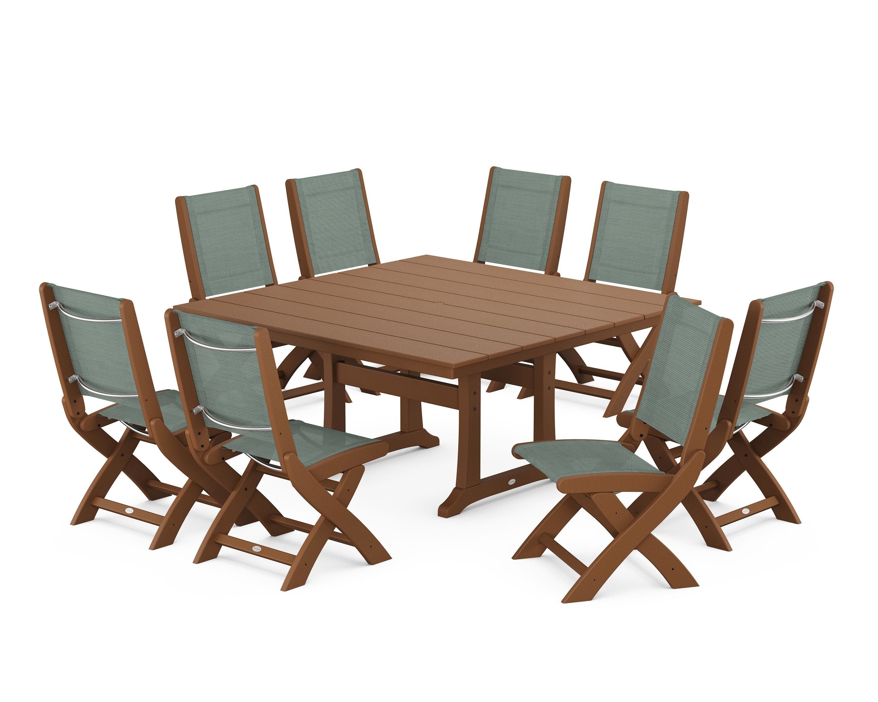 POLYWOOD Coastal Folding Side Chair 9-Piece Farmhouse Dining Set in Teak / Dupioni Sea Mist Sling