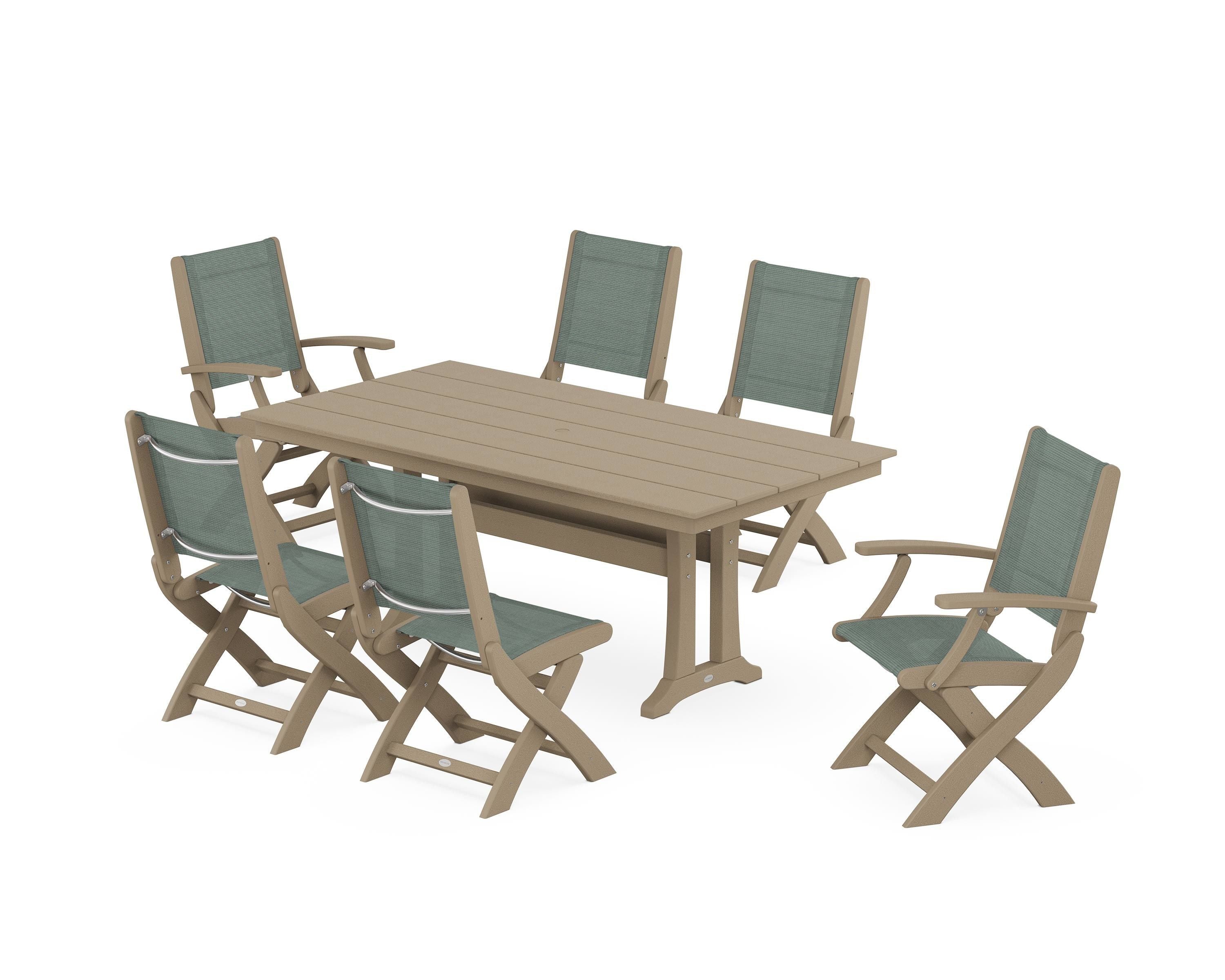 POLYWOOD Coastal Folding Chair 7-Piece Farmhouse Dining Set with Trestle Legs in Vintage Sahara / Dupioni Sea Mist Sling