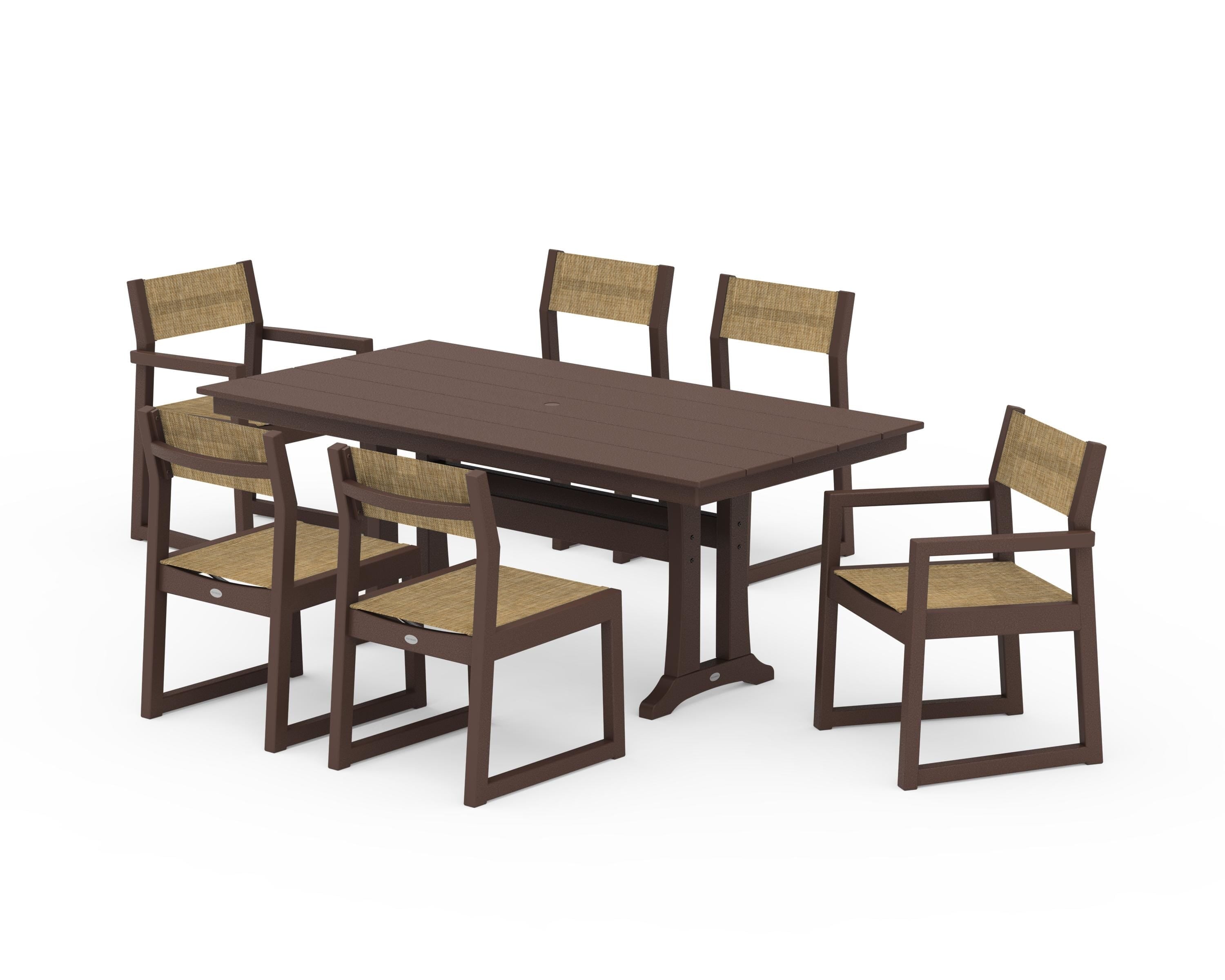 POLYWOOD EDGE Sling 7-Piece Farmhouse Trestle Dining Set in Mahogany / Burlap Sling