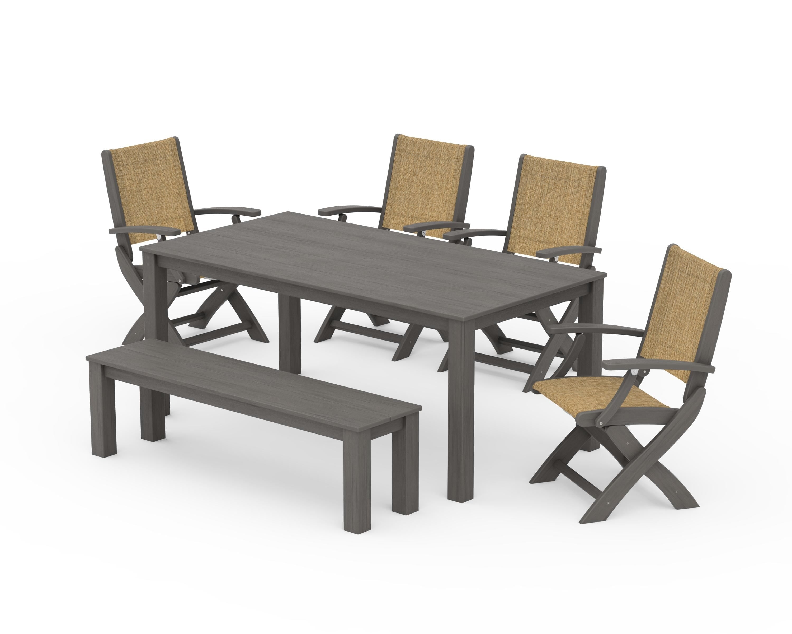 POLYWOOD Coastal Folding Chair 6-Piece Parsons Dining Set with Bench in Driftwood / Burlap Sling