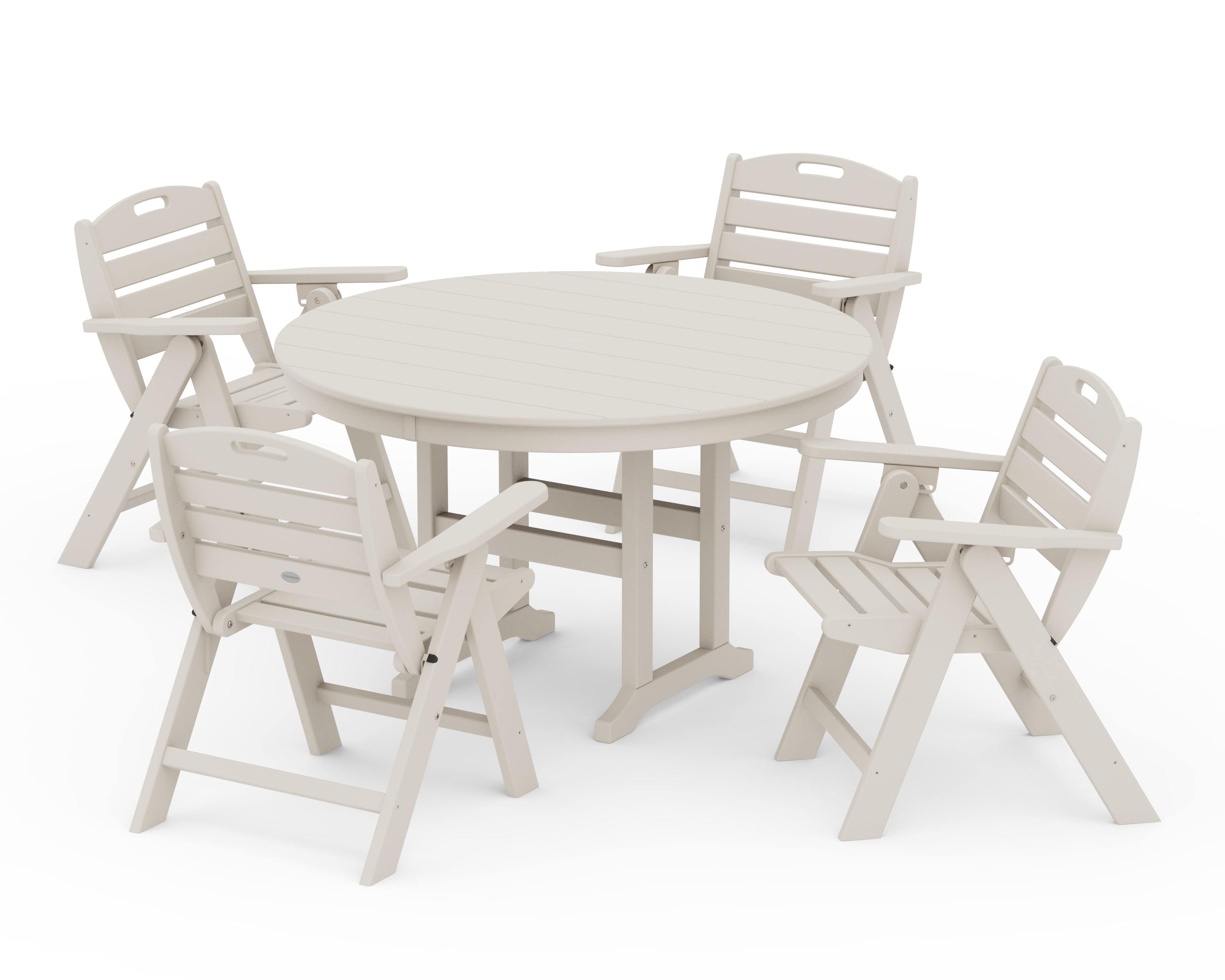 POLYWOOD Nautical Folding Lowback Chair 5-Piece Round Farmhouse Dining Set in Sand