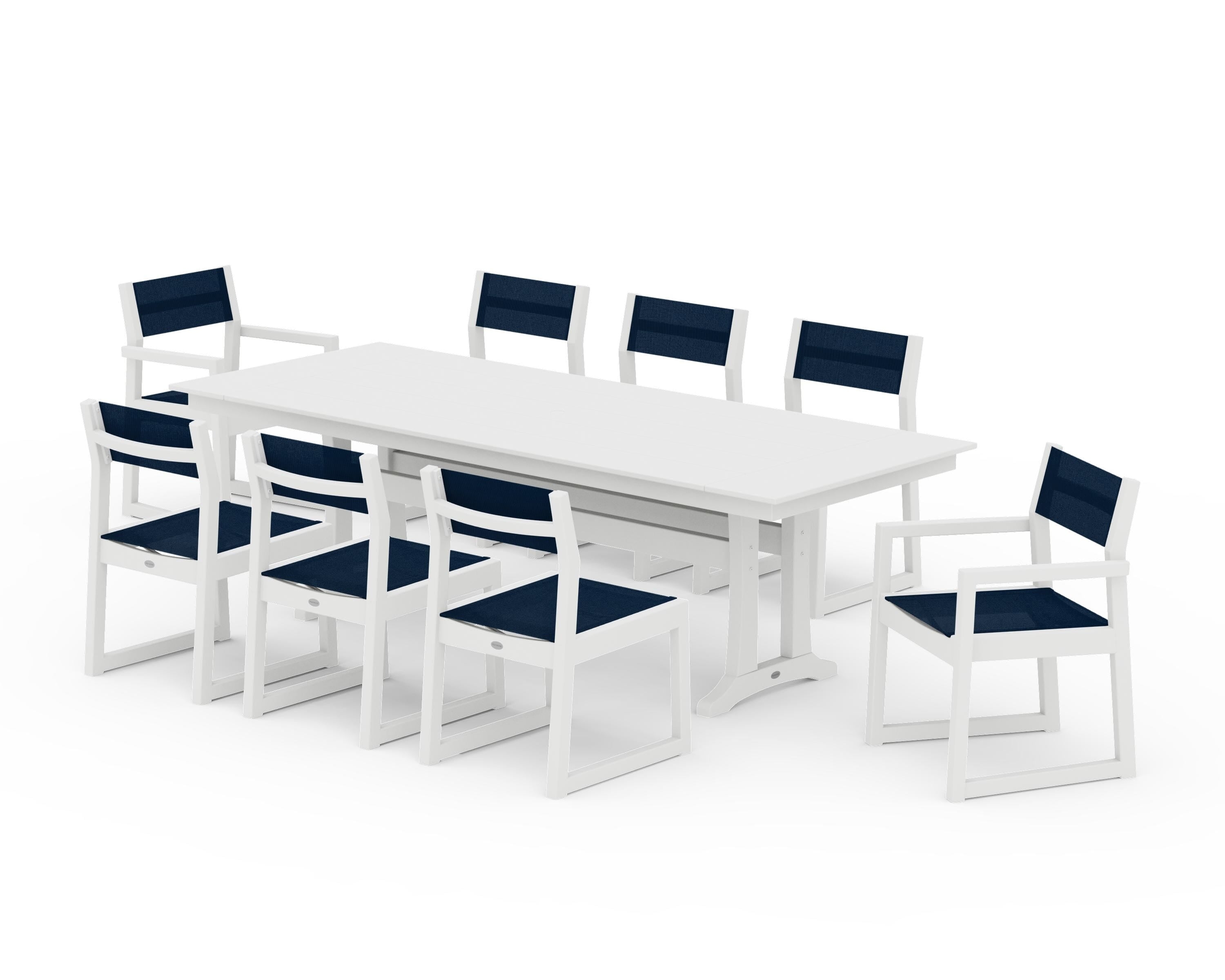 POLYWOOD EDGE Sling 9-Piece Farmhouse Trestle Dining Set in White / Navy Blue Sling