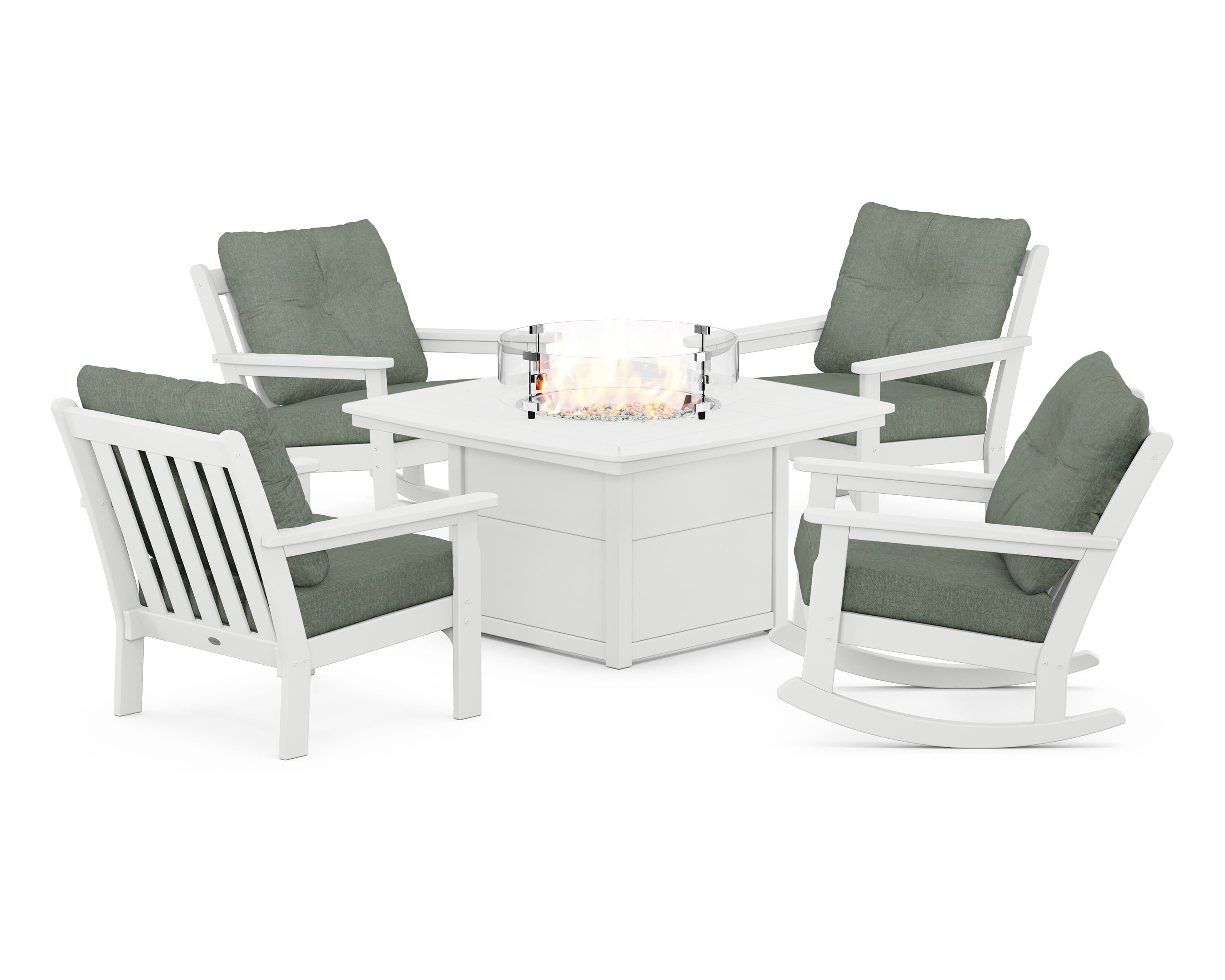POLYWOOD Vineyard 5-Piece Deep Seating Rocking Chair Conversation Set with Fire Pit Table in White / Cast Sage