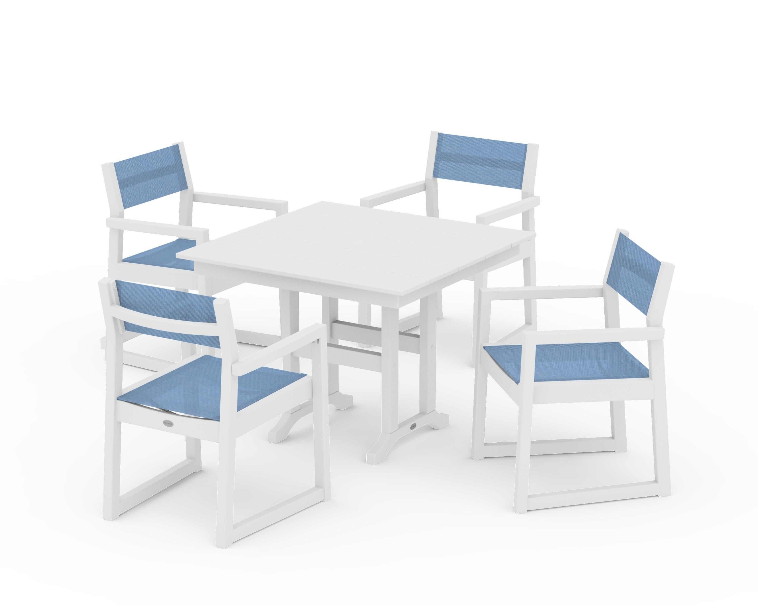 POLYWOOD EDGE Sling Arm Chair 5-Piece Farmhouse Dining Set in White / Poolside Sling