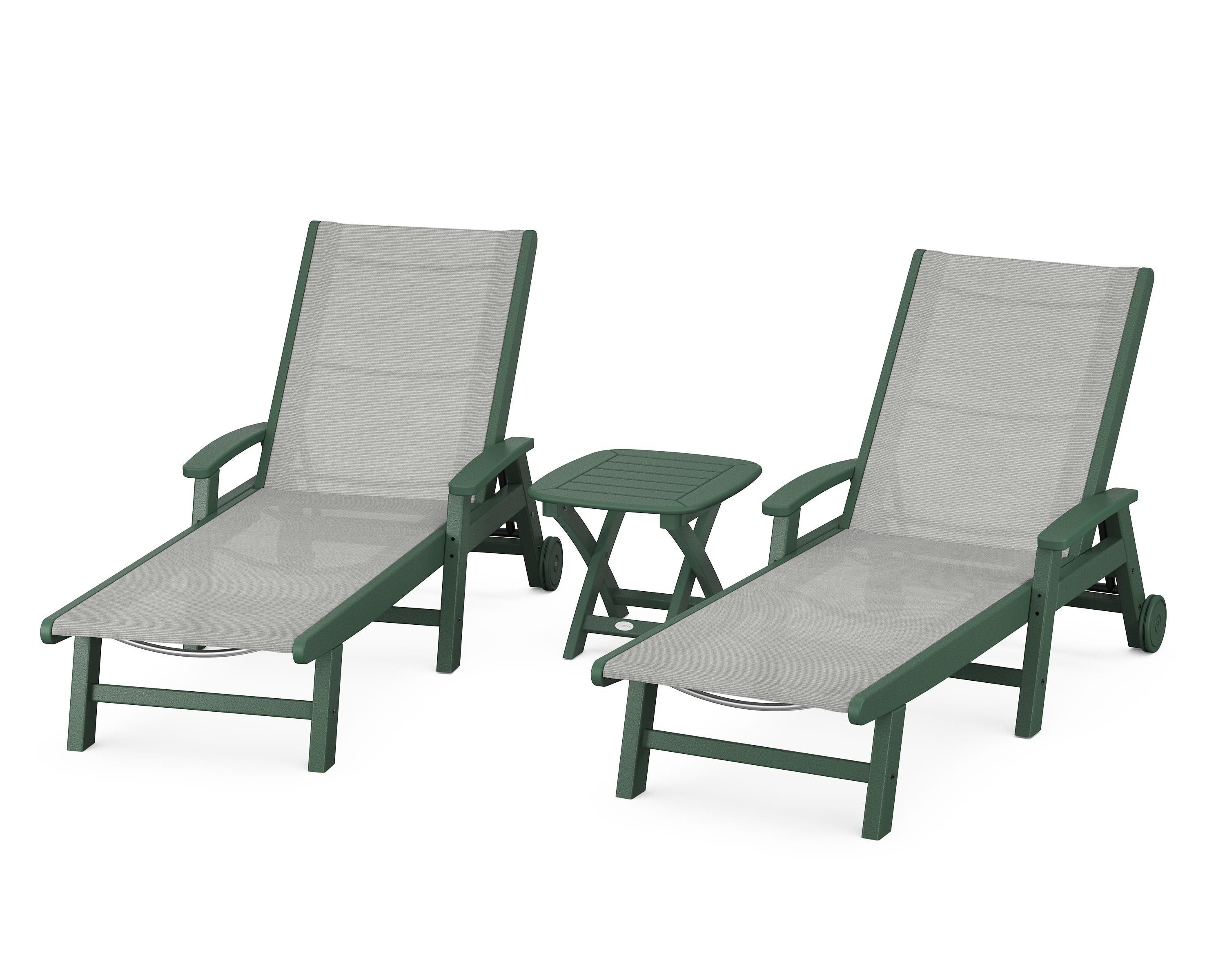 POLYWOOD Coastal 3-Piece Wheeled Chaise Set in Green / Metallic Sling