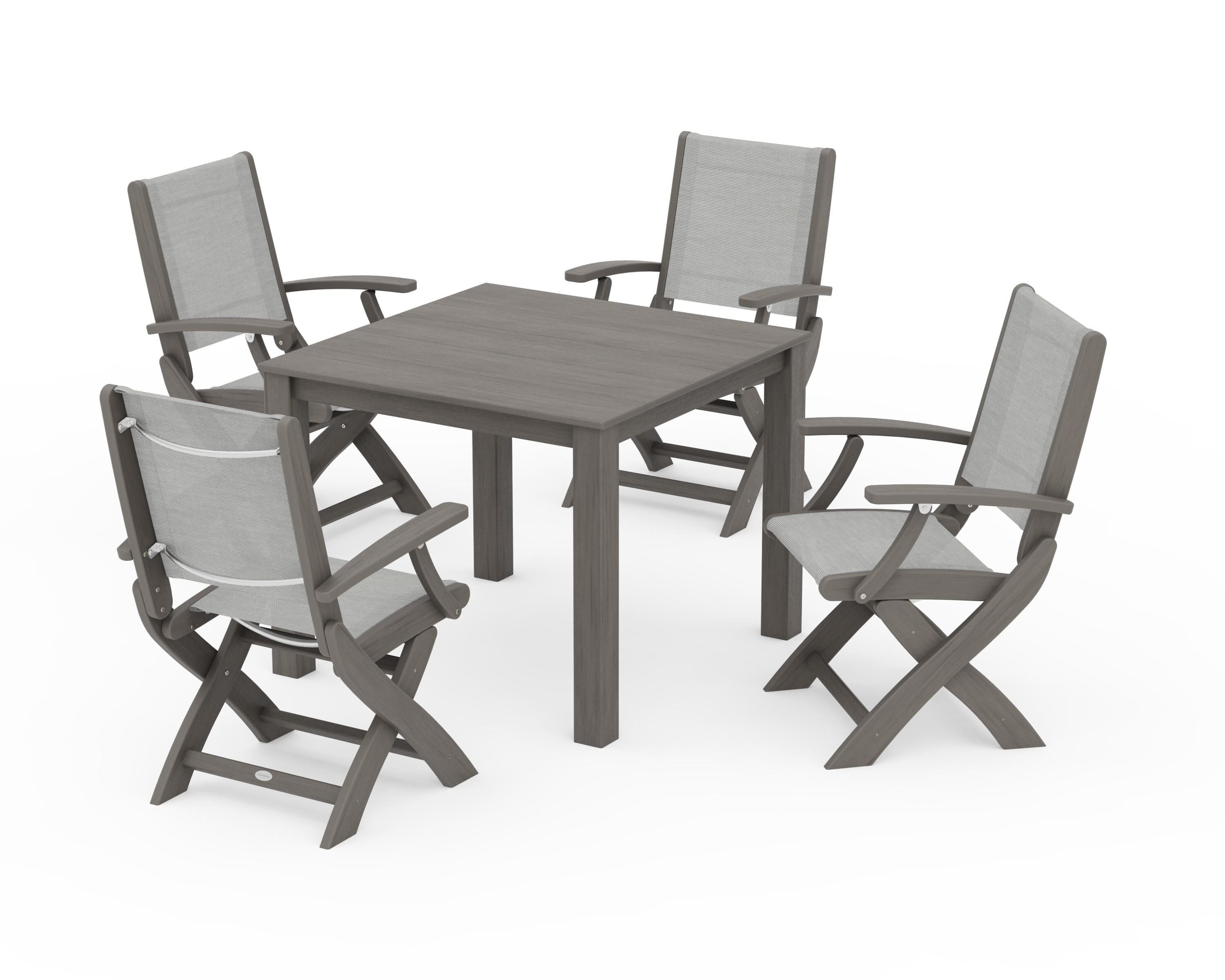 POLYWOOD Coastal Folding Chair 5-Piece Parsons Dining Set in Driftwood / Metallic Sling