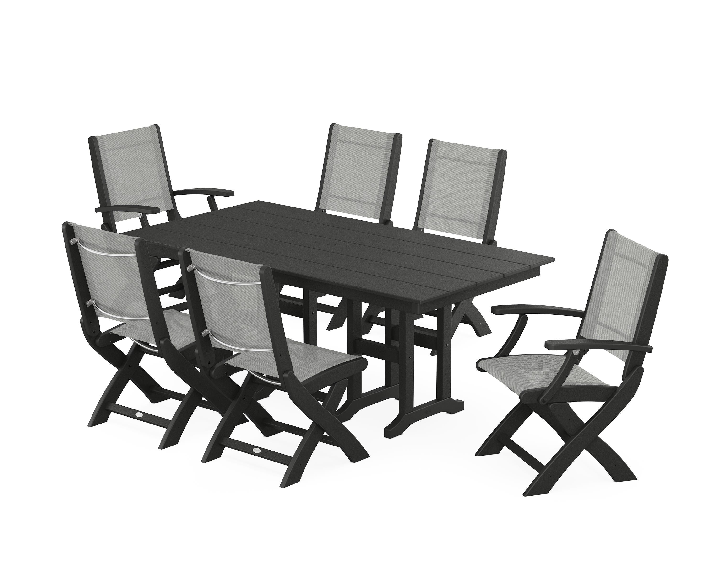 POLYWOOD Coastal Folding Chair 7-Piece Farmhouse Dining Set in Black / Metallic Sling