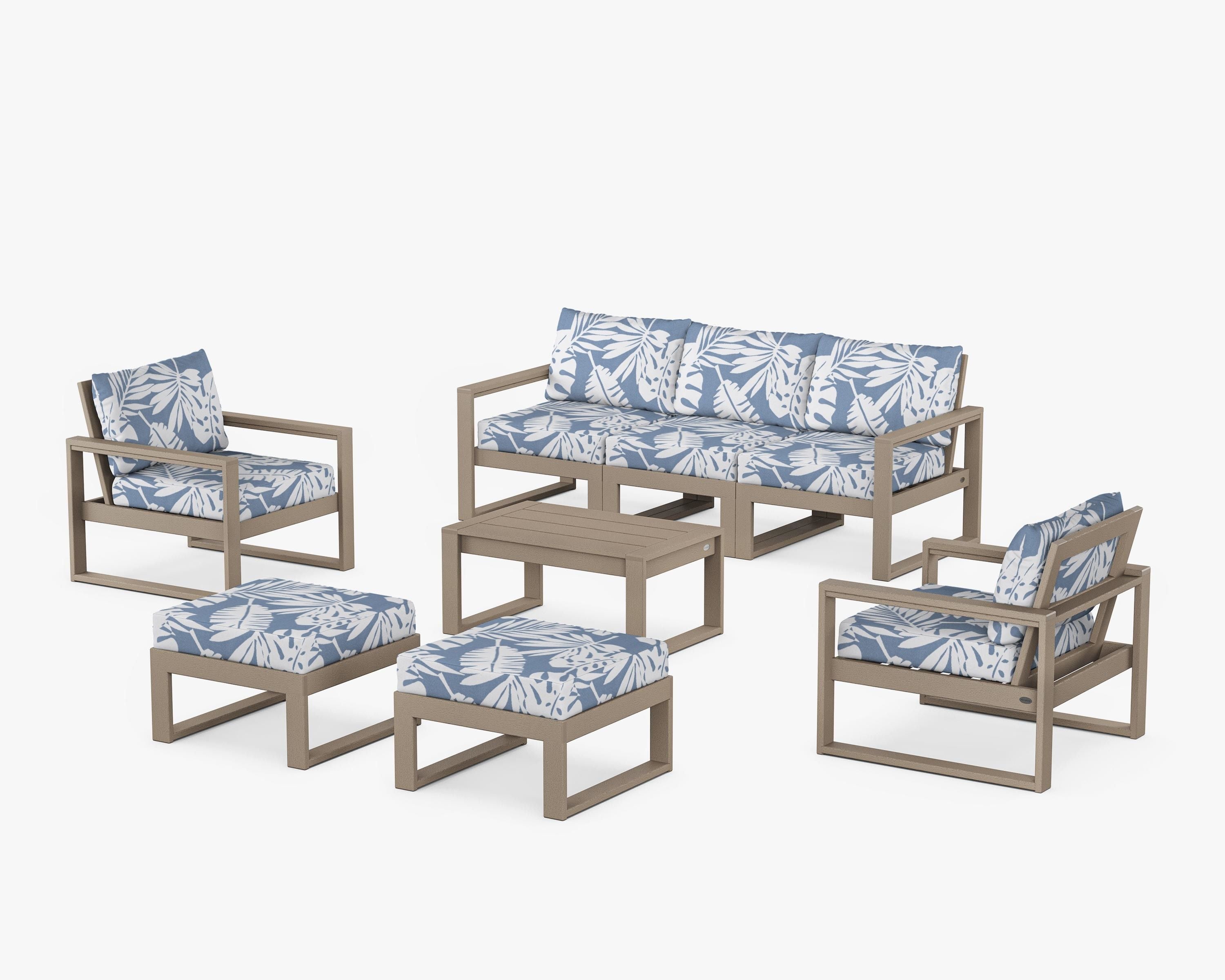 POLYWOOD EDGE Sectional 8-Piece Lounge Sofa Set in Vintage Sahara / Leaf Sky Blue