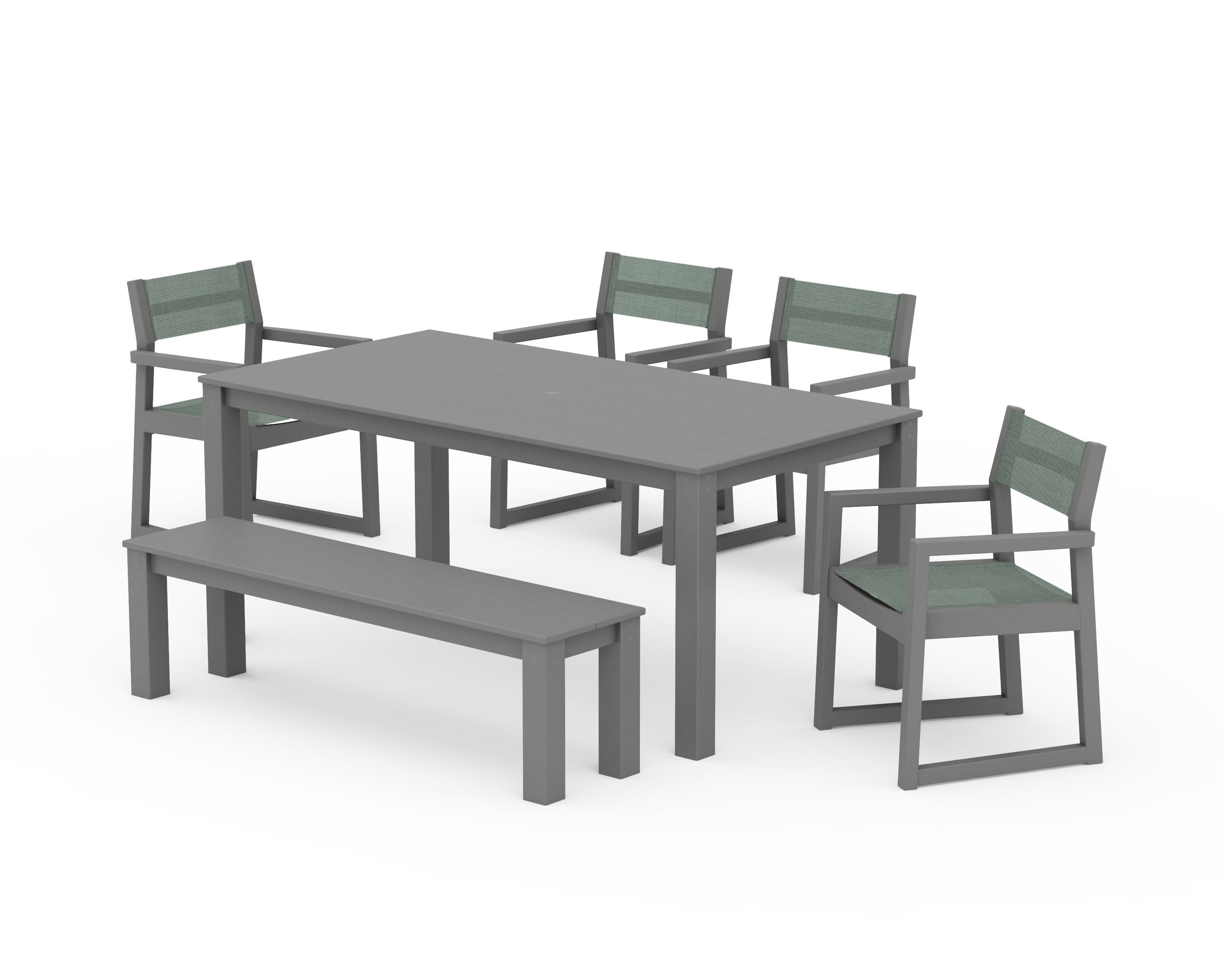 POLYWOOD EDGE Sling Arm Chair 6-Piece Parsons Dining Set with Bench in Slate Grey / Dupioni Sea Mist Sling