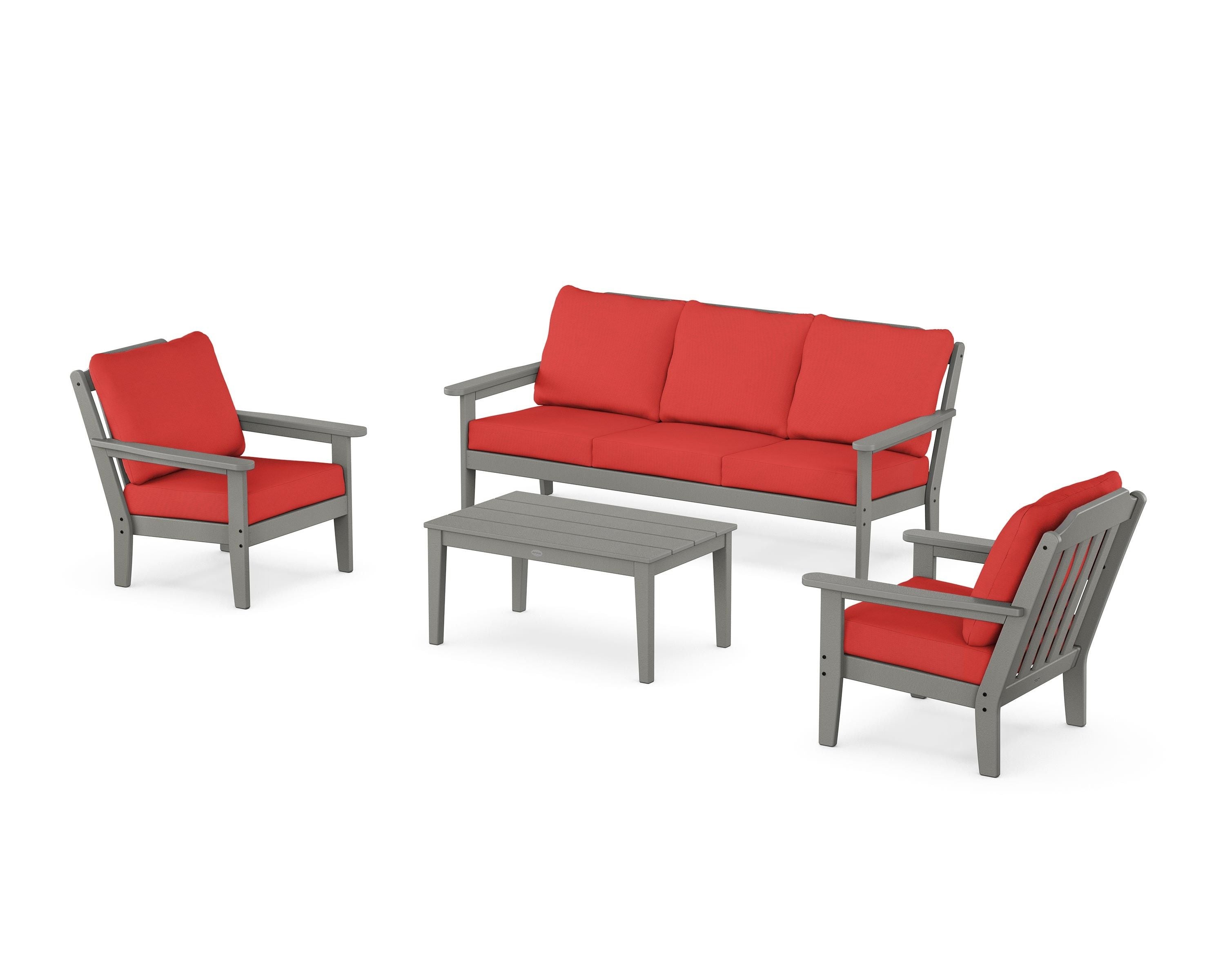 Country Living Cottage 4-Piece Deep Seating Set with Sofa in Slate Grey / Crimson Linen