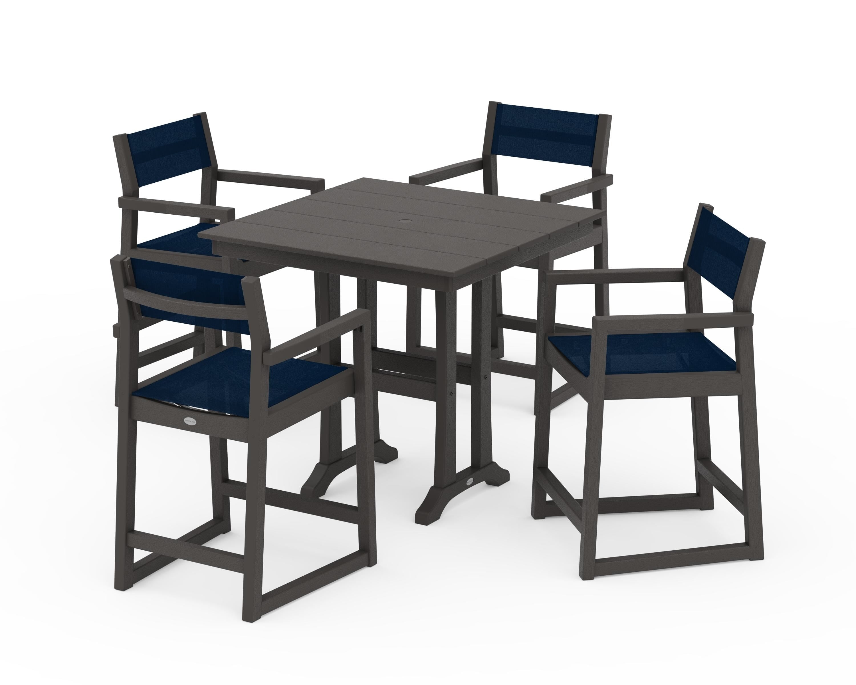 POLYWOOD EDGE Sling Arm Chair 5-Piece Farmhouse Counter Set with Trestle Legs in Vintage Coffee / Navy Blue Sling