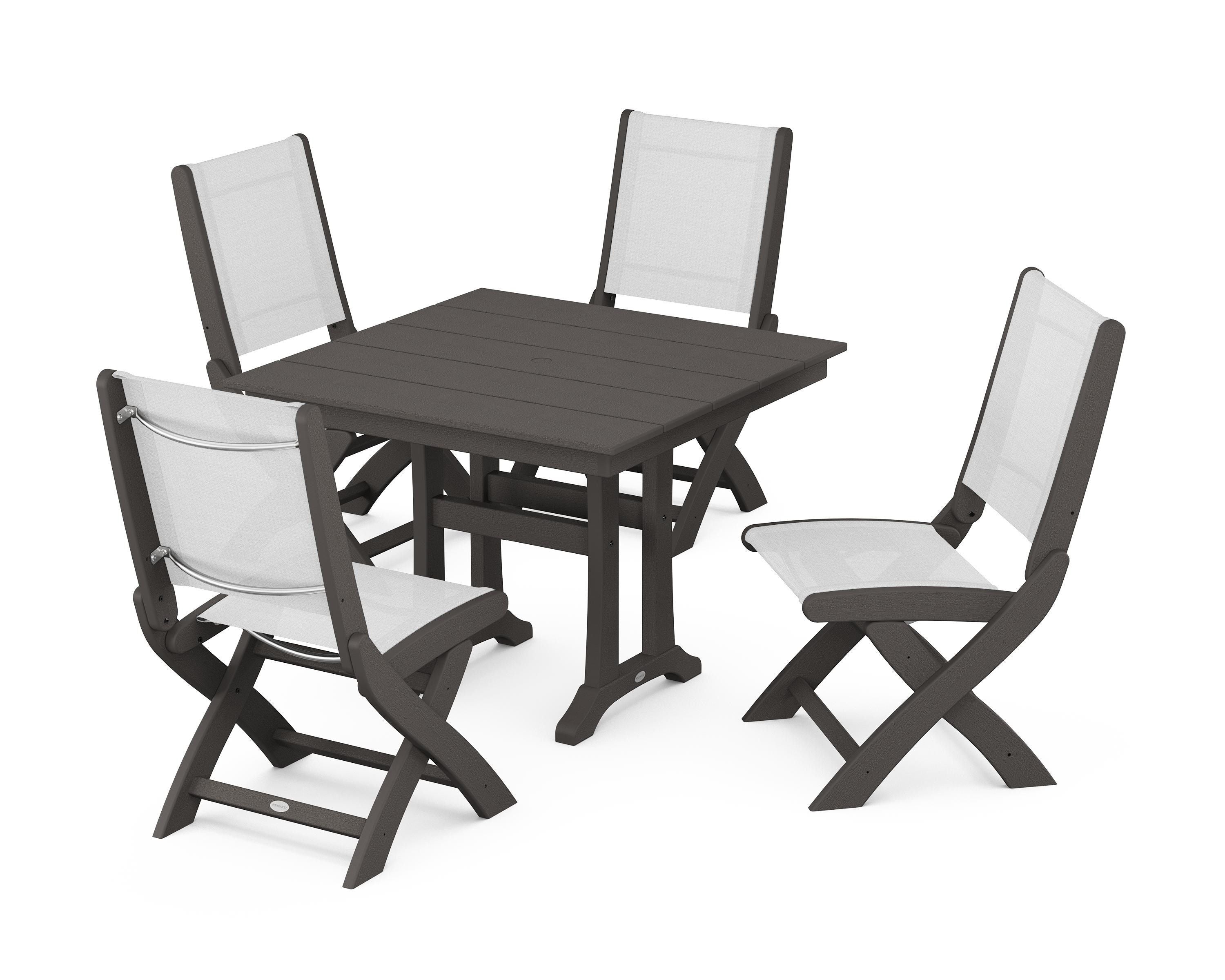 POLYWOOD Coastal Folding Side Chair 5-Piece Farmhouse Dining Set With Trestle Legs in Vintage Coffee / White Sling