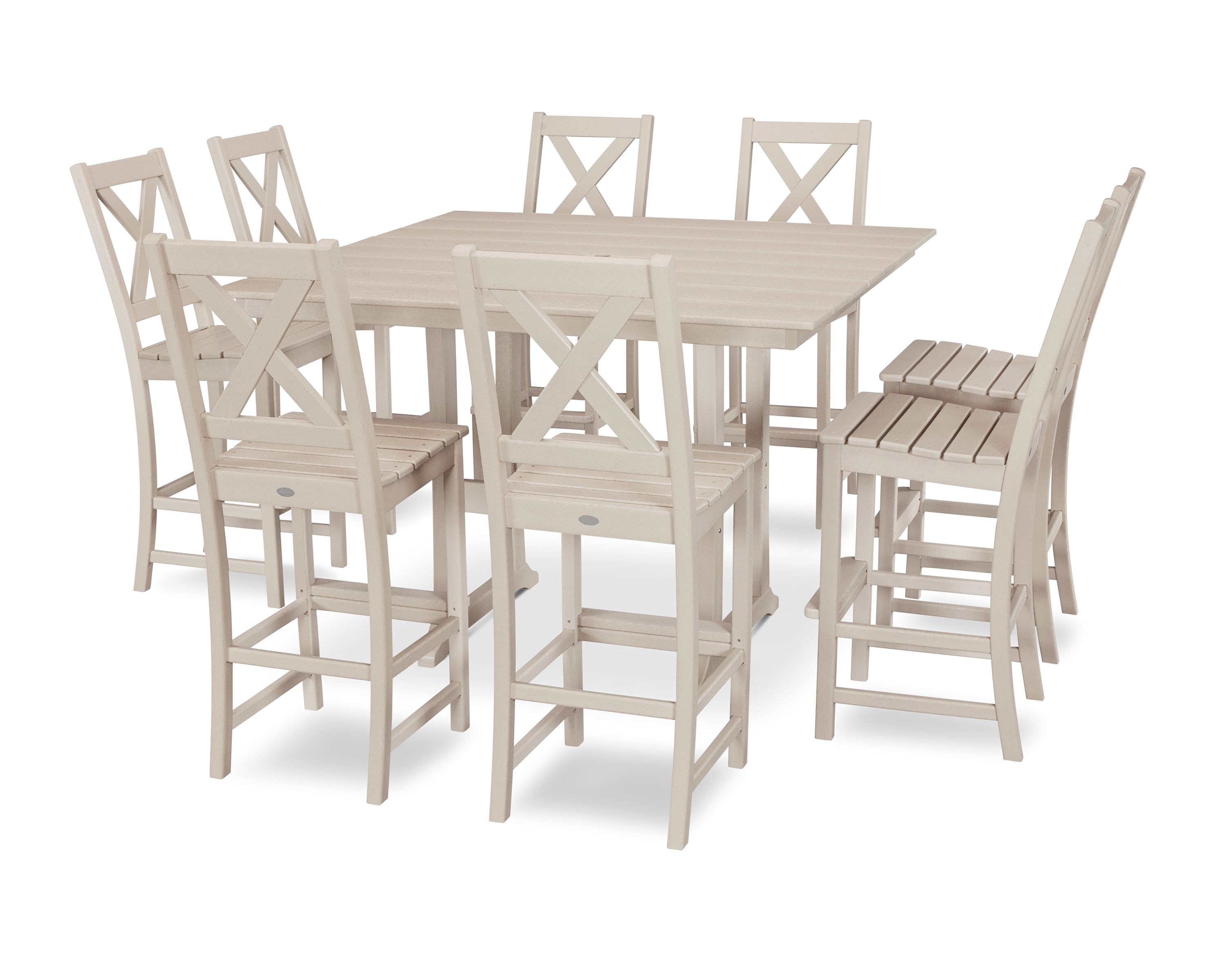 POLYWOOD Braxton 9-Piece Farmhouse Trestle Bar Set in Sand