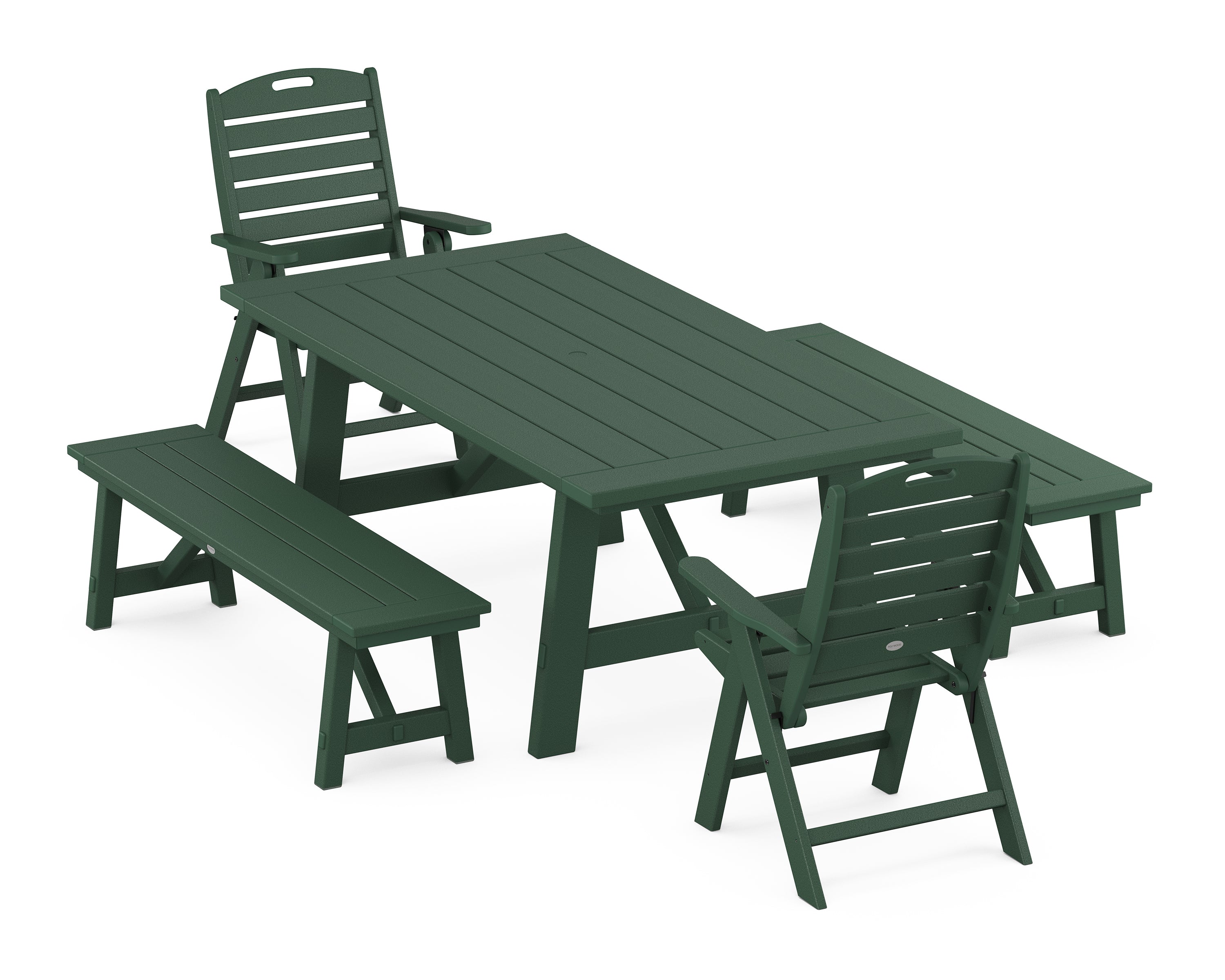 POLYWOOD® Nautical Folding Highback Chair 5-Piece Rustic Farmhouse Dining Set With Benches in Green