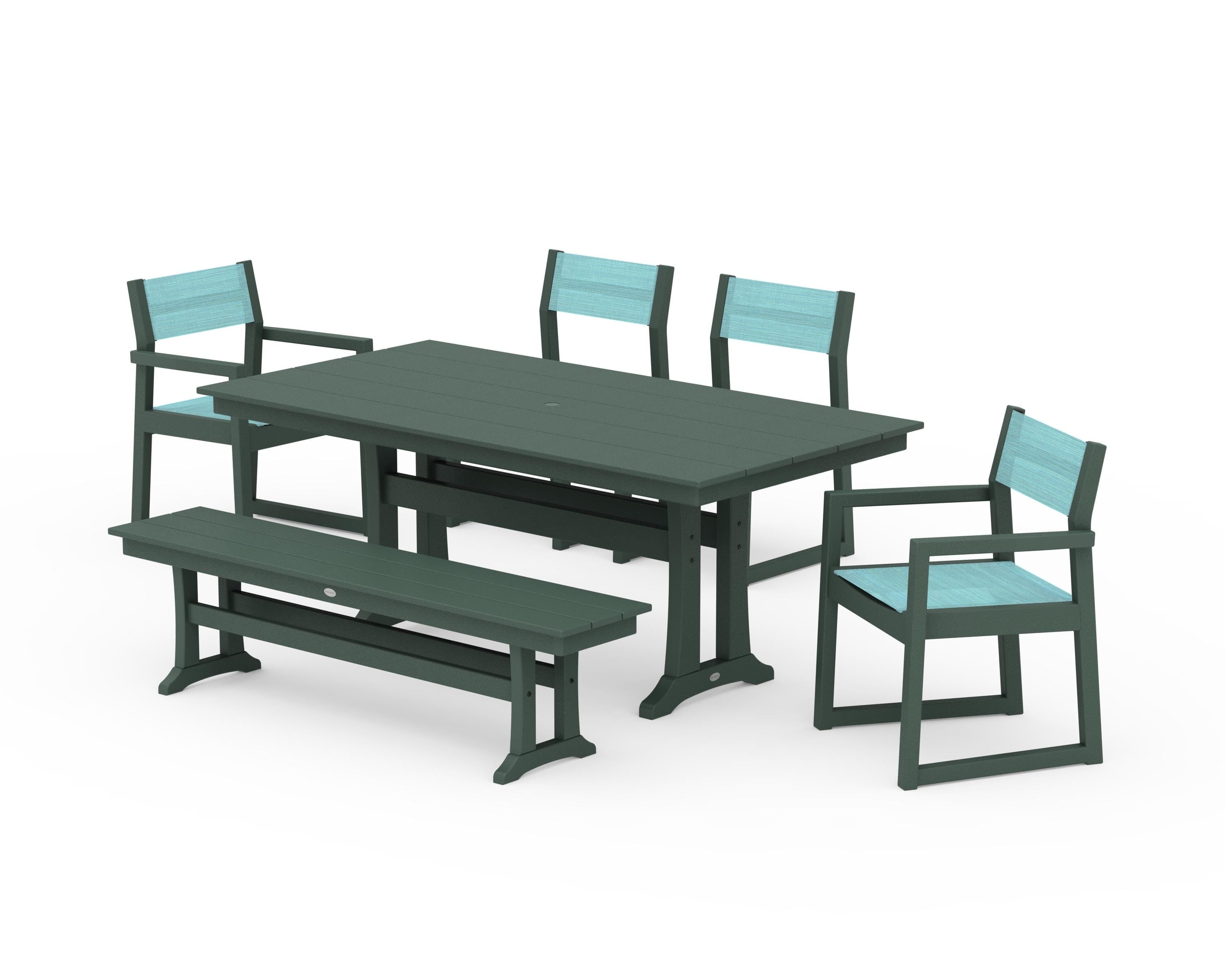 POLYWOOD EDGE Sling 6-Piece Farmhouse Dining Set With Trestle Legs in Green / Dupioni Aquamarine Sling