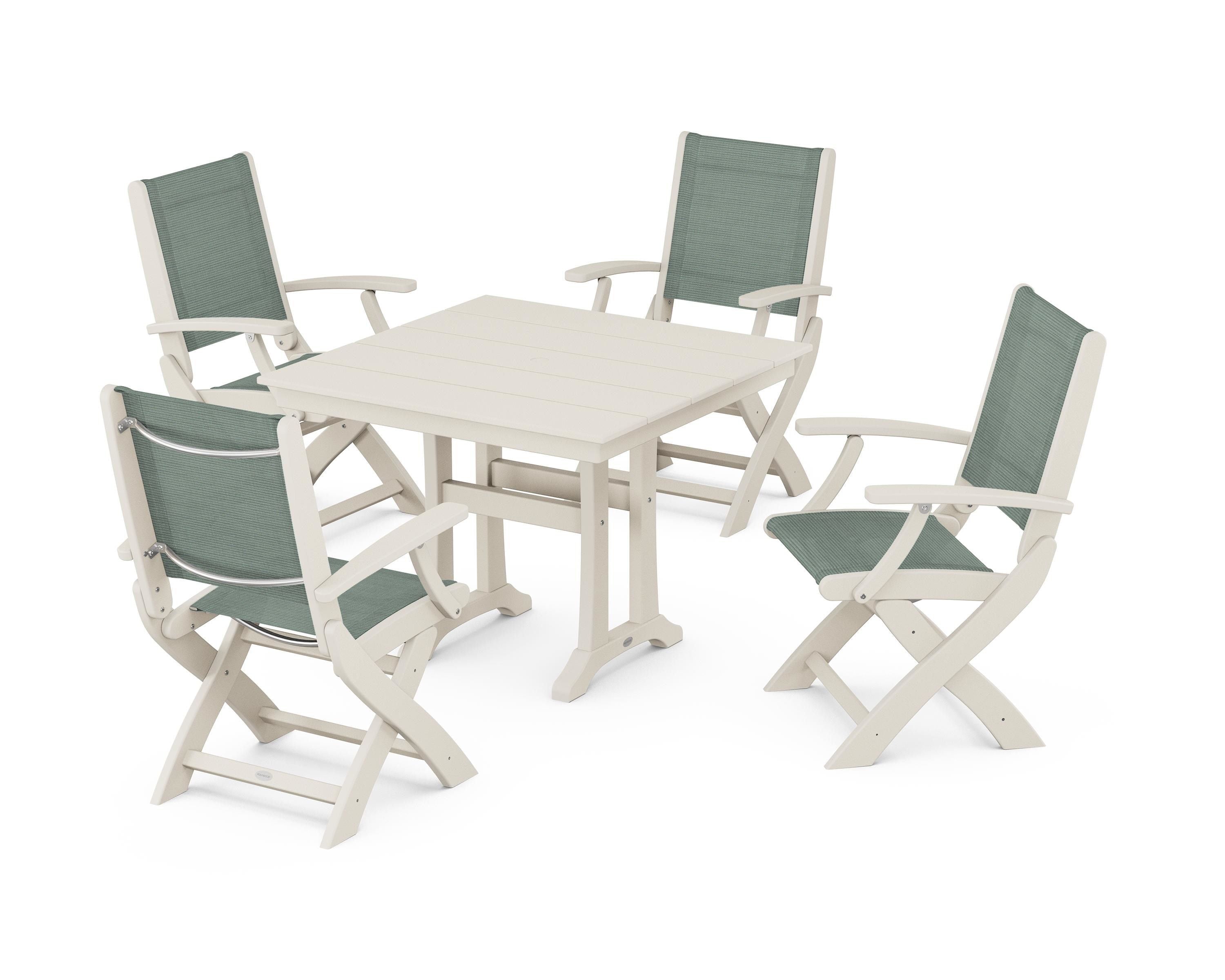 POLYWOOD Coastal Folding Chair 5-Piece Farmhouse Dining Set With Trestle Legs in Sand / Dupioni Sea Mist Sling