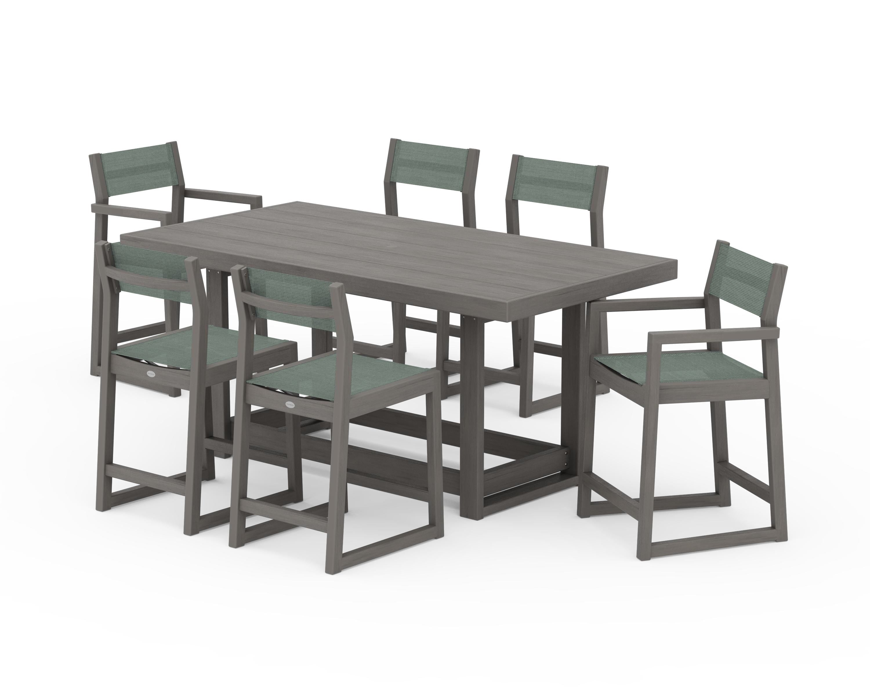 POLYWOOD EDGE Sling 7-Piece Counter Table Set in Driftwood / Dupioni Sea Mist Sling
